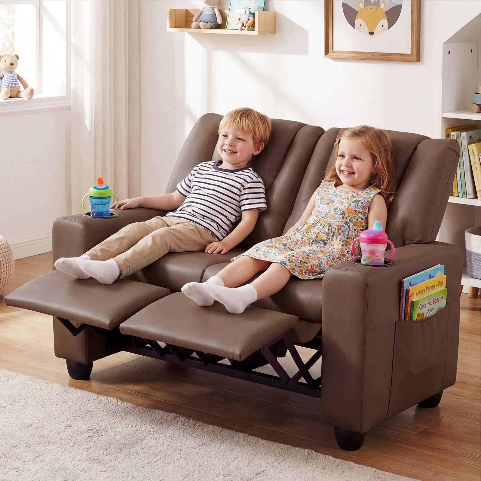 2-Seater Kids Recliner Chair with 2 Cup Holders and 2 Side Storage Pockets - Image 4