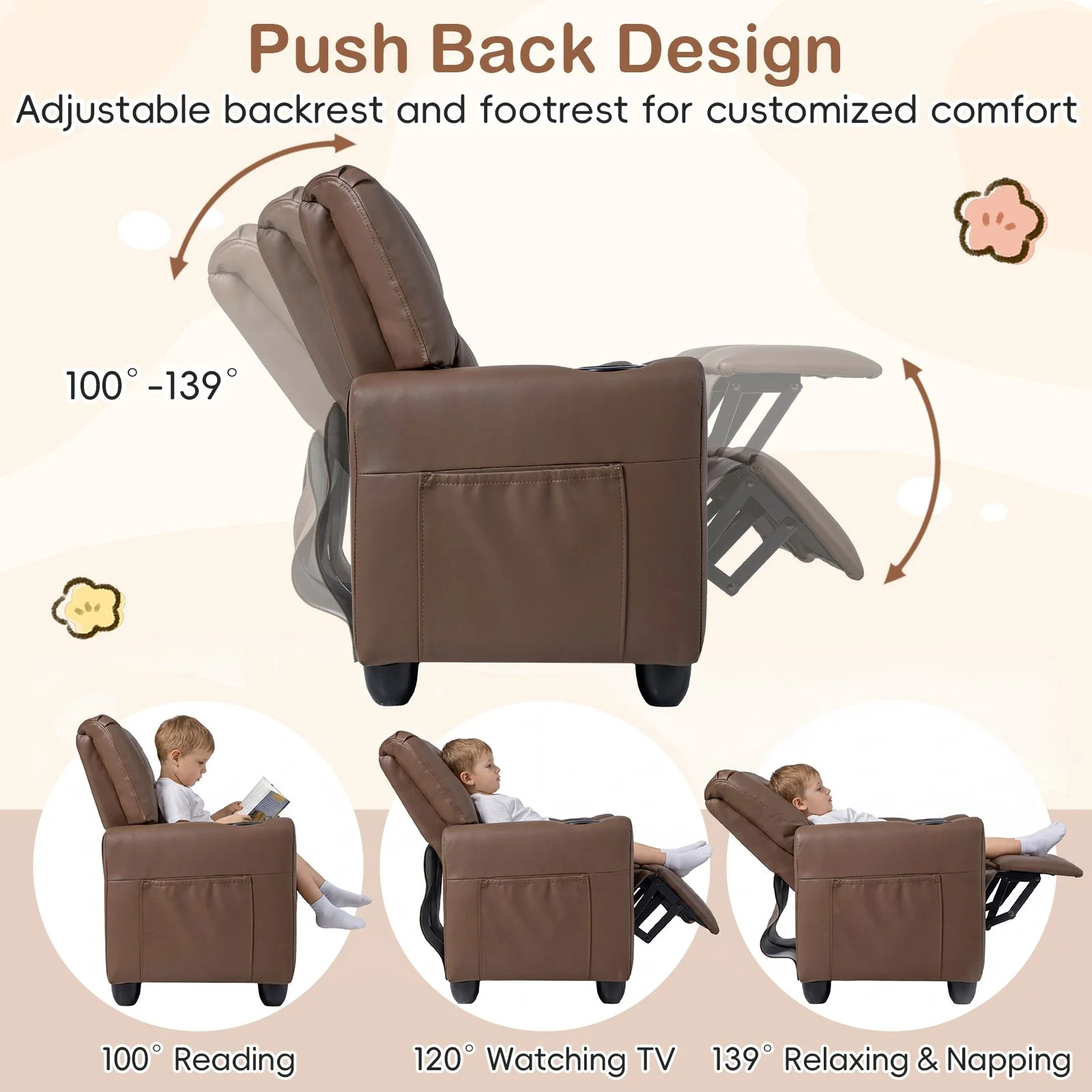 2-Seater Kids Recliner Chair with 2 Cup Holders and 2 Side Storage Pockets - Image 6