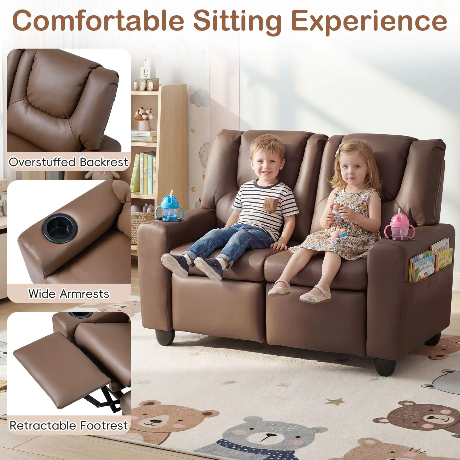 2-Seater Kids Recliner Chair with 2 Cup Holders and 2 Side Storage Pockets - Image 7