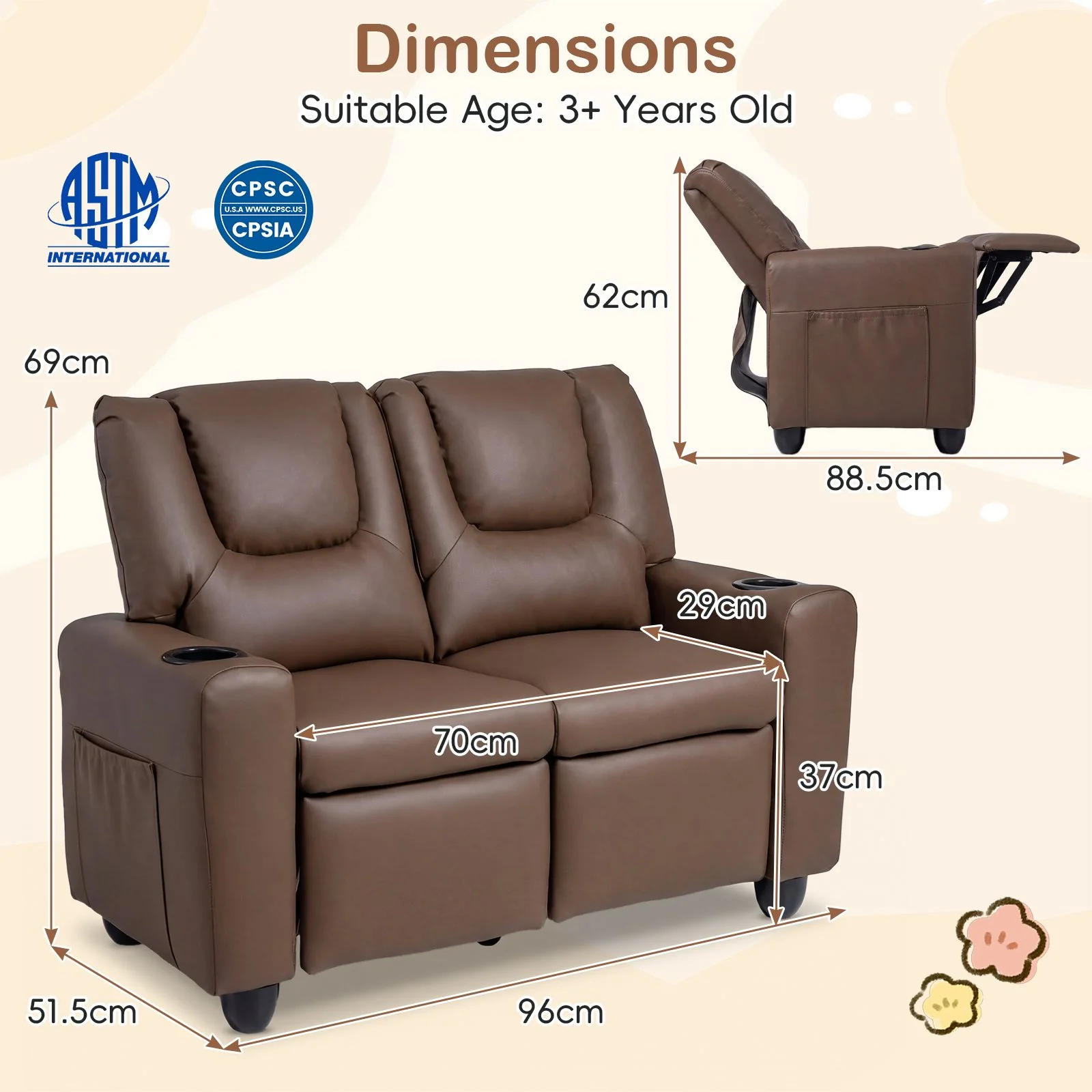 2-Seater Kids Recliner Chair with 2 Cup Holders and 2 Side Storage Pockets - Image 9