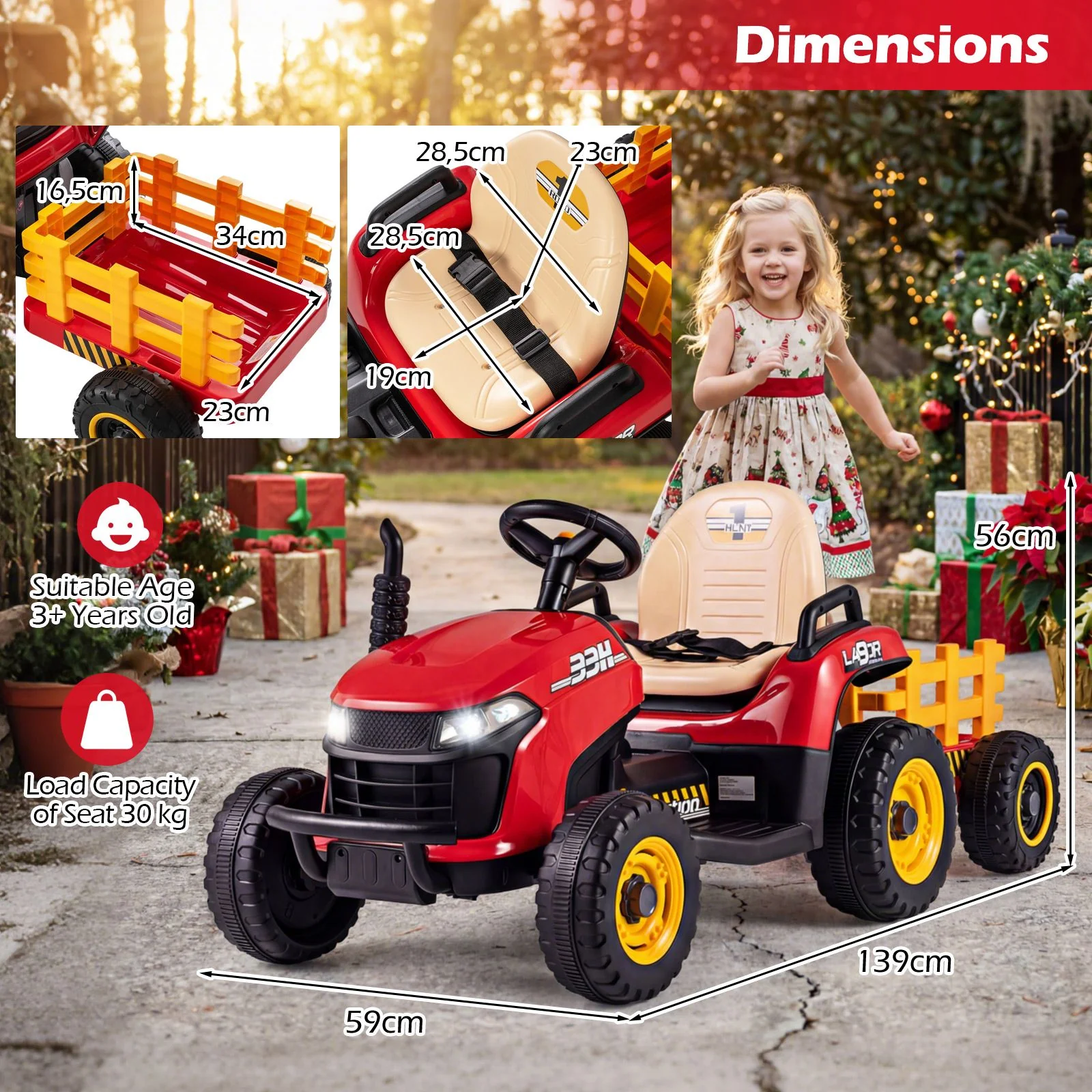 24V Ride on Tractor with Tiltable Detachable Trailer Remote and LED - Image 3