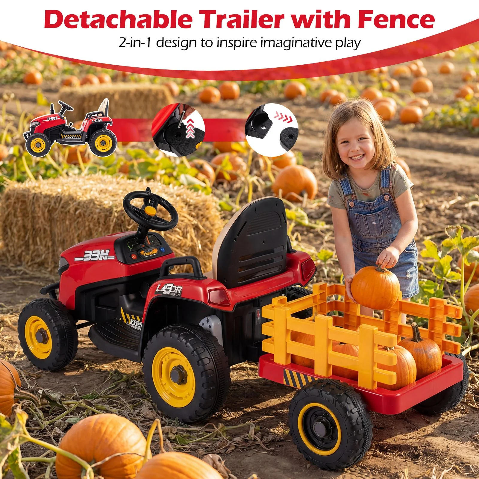 24V Ride on Tractor with Tiltable Detachable Trailer Remote and LED - Image 6