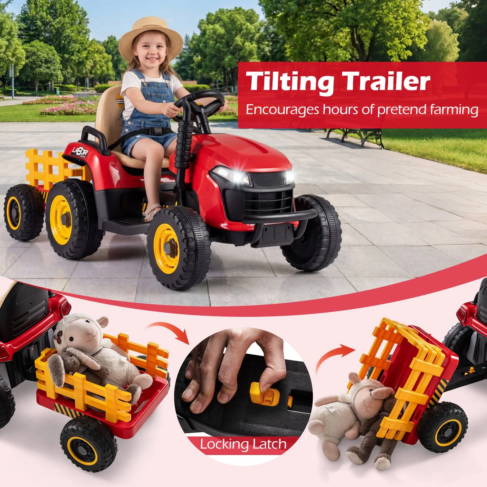 24V Ride on Tractor with Tiltable Detachable Trailer Remote and LED - Image 7