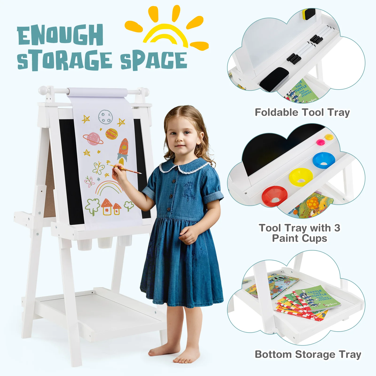 3-in-1 Double-sided Art Easel, Creative Art Center for 3+ Years Old Children - Image 9