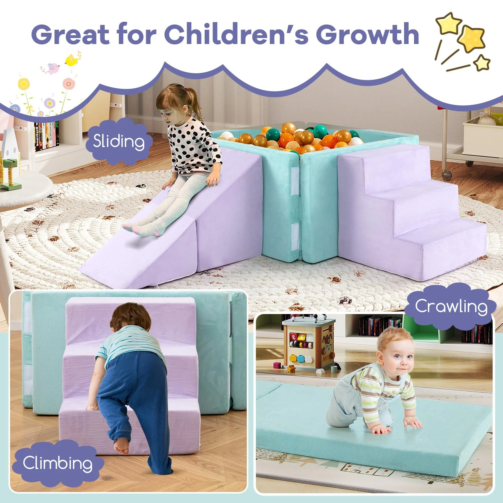 3-in-1 Foam Climbing Blocks Suede Fabric Soft Play Set - Image 4