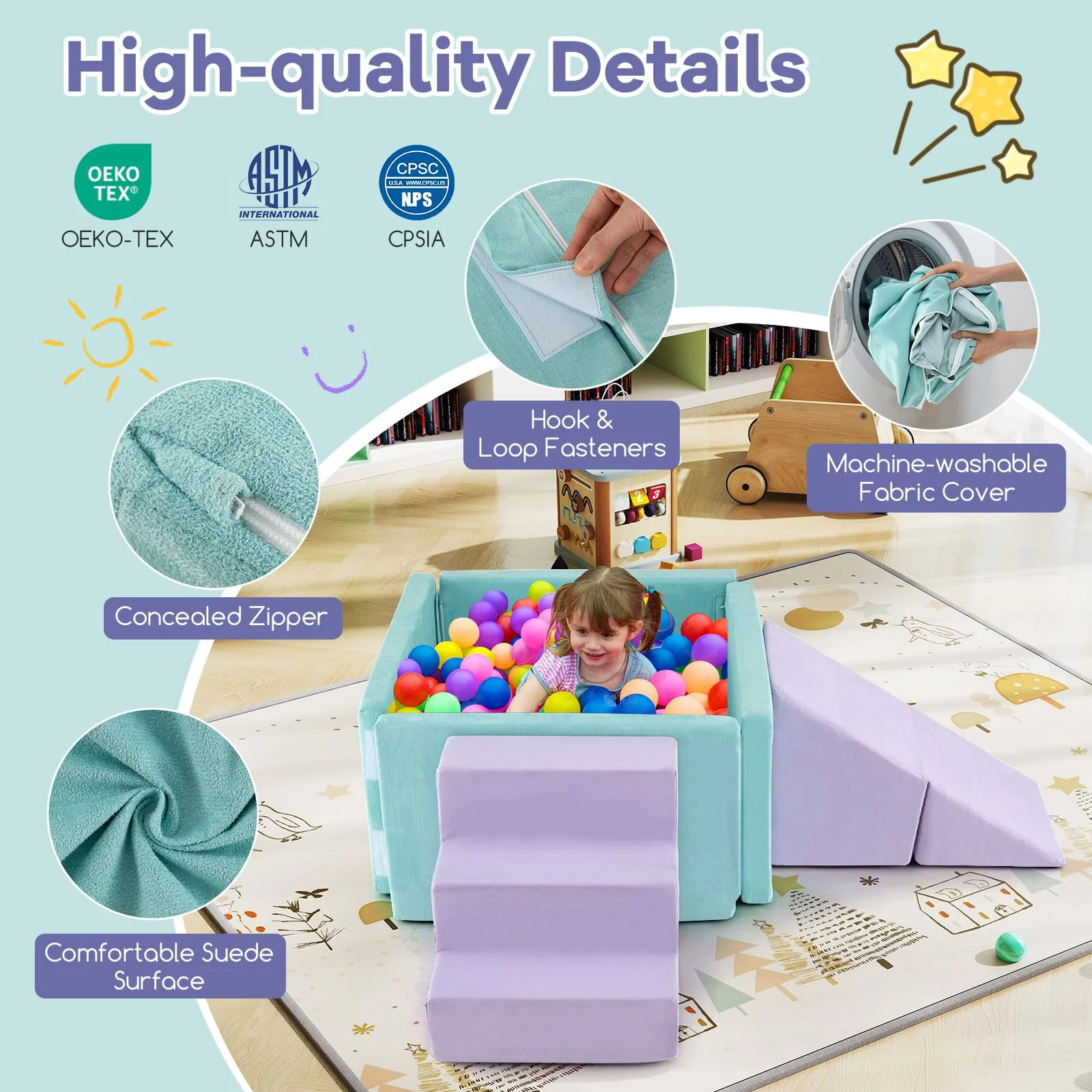 3-in-1 Foam Climbing Blocks Suede Fabric Soft Play Set - Image 6