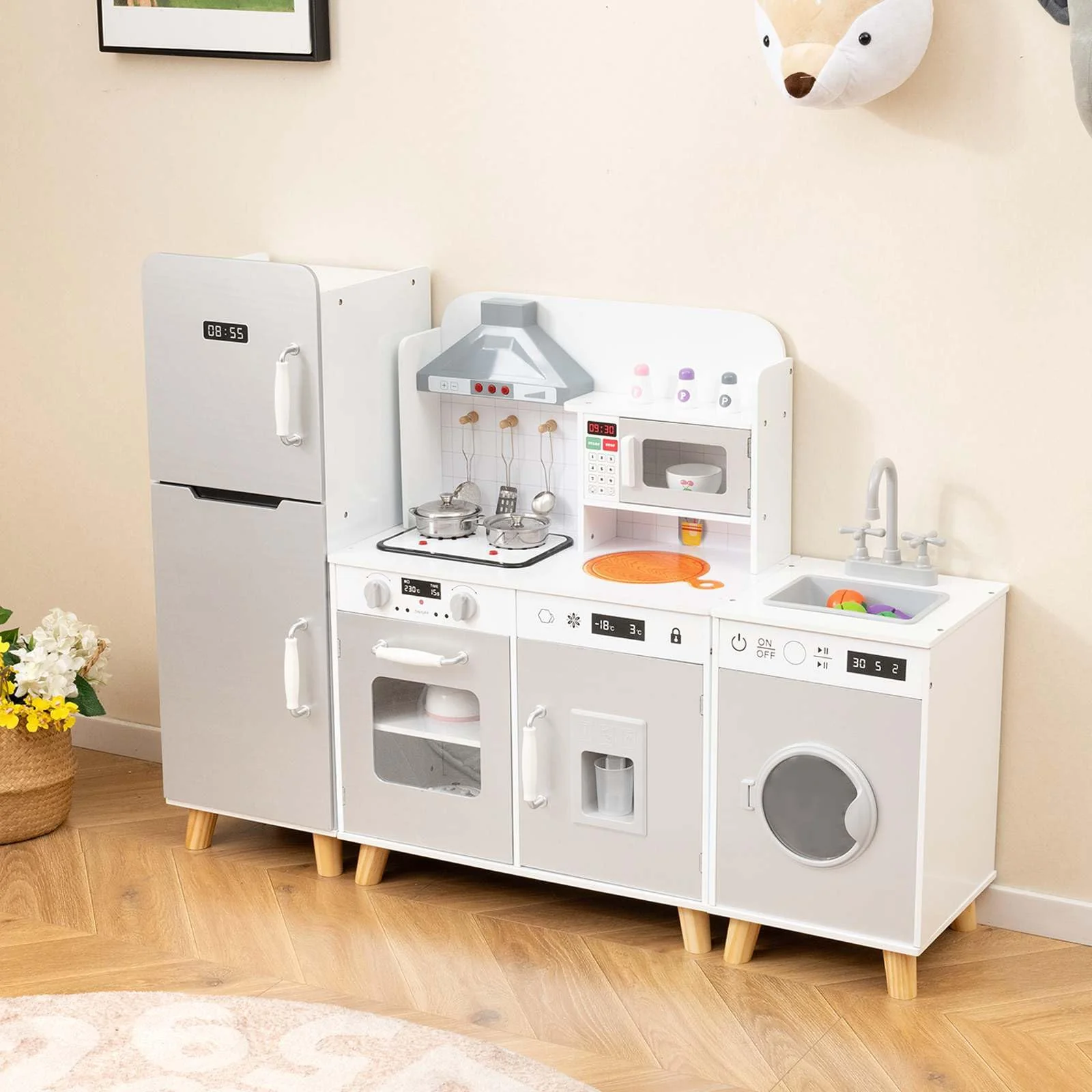 3-in-1 Kids Kitchen Playset Corner Pretend Play Kitchen w/Fridge Washing Machine - Image 2