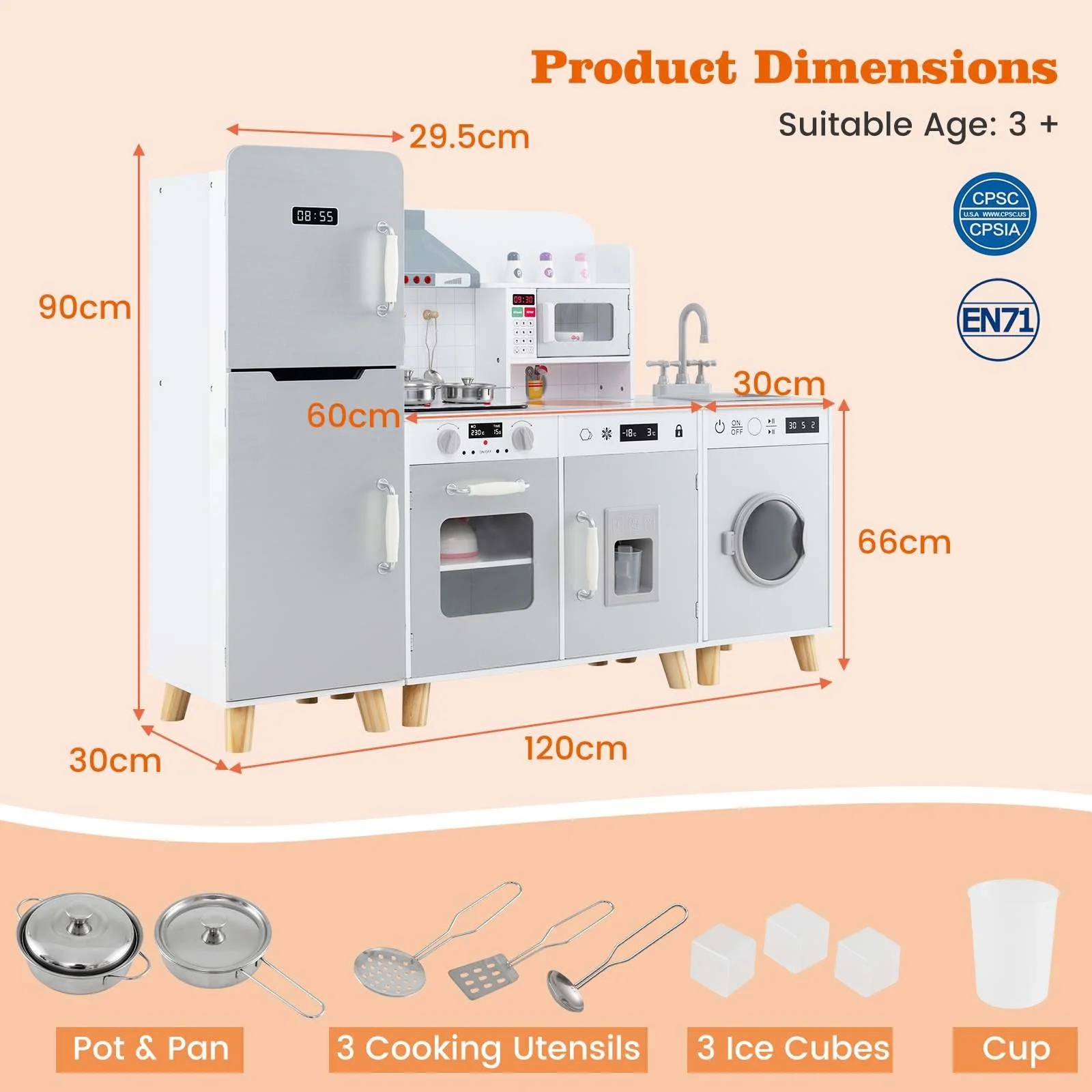 3-in-1 Kids Kitchen Playset Corner Pretend Play Kitchen w/Fridge Washing Machine - Image 3