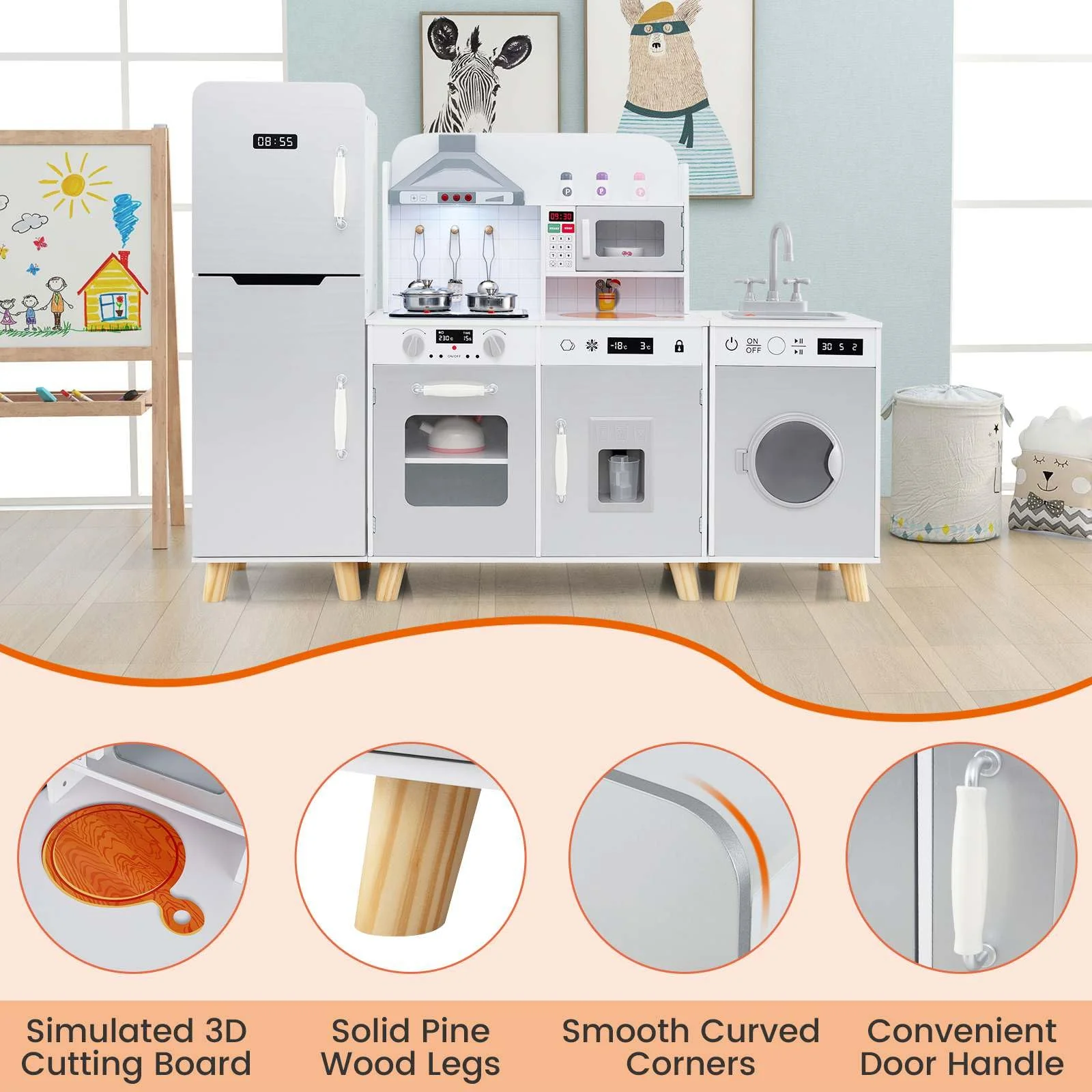 3-in-1 Kids Kitchen Playset Corner Pretend Play Kitchen w/Fridge Washing Machine - Image 4