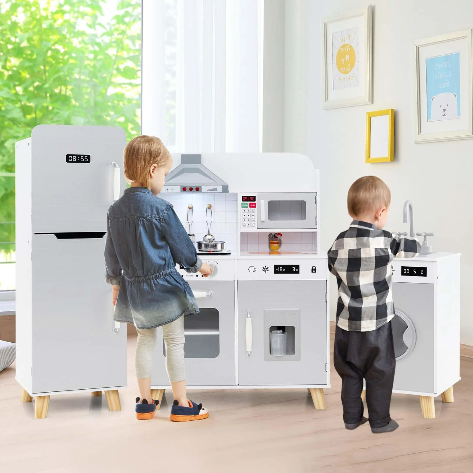 3-in-1 Kids Kitchen Playset Corner Pretend Play Kitchen w/Fridge Washing Machine - Image 5