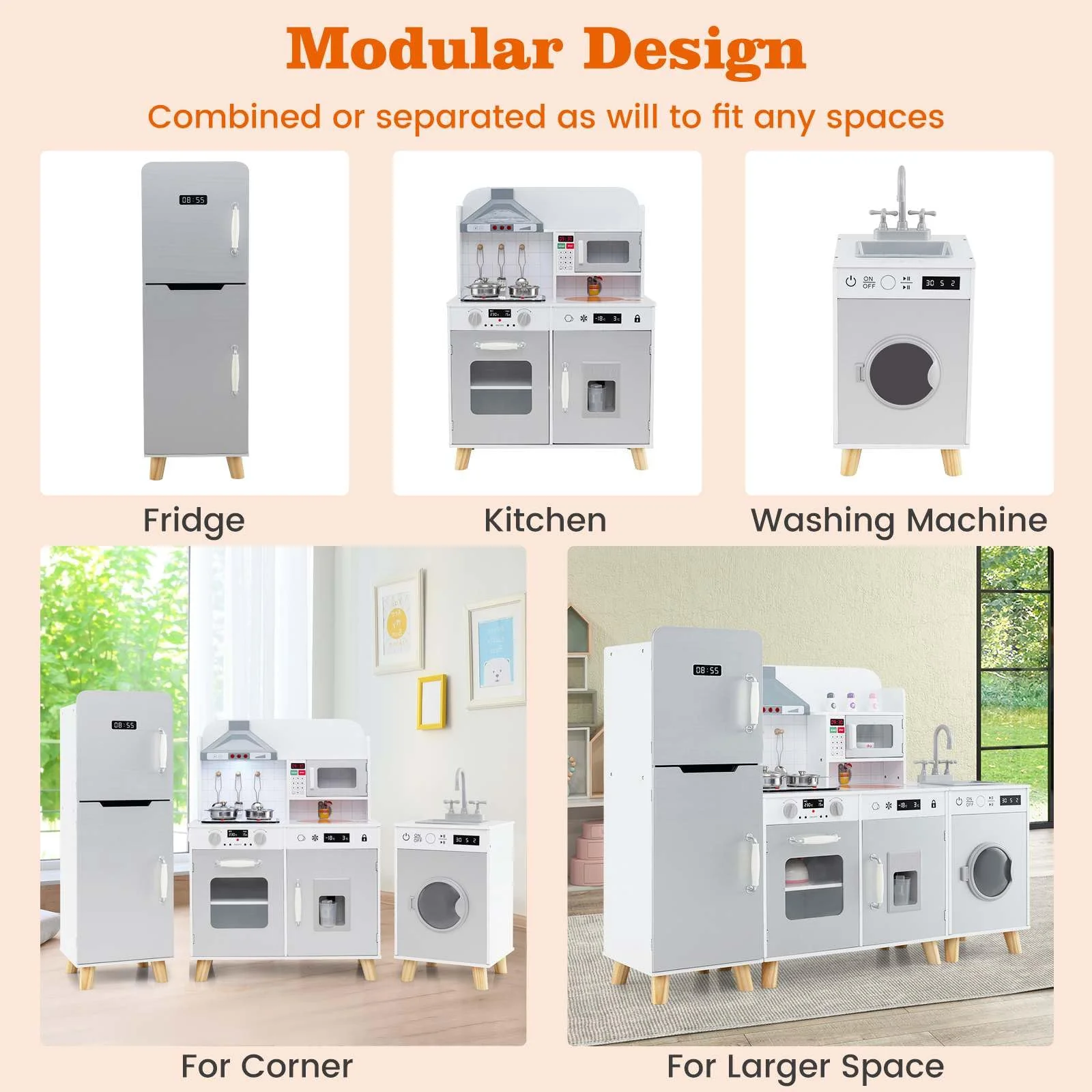 3-in-1 Kids Kitchen Playset Corner Pretend Play Kitchen w/Fridge Washing Machine - Image 6