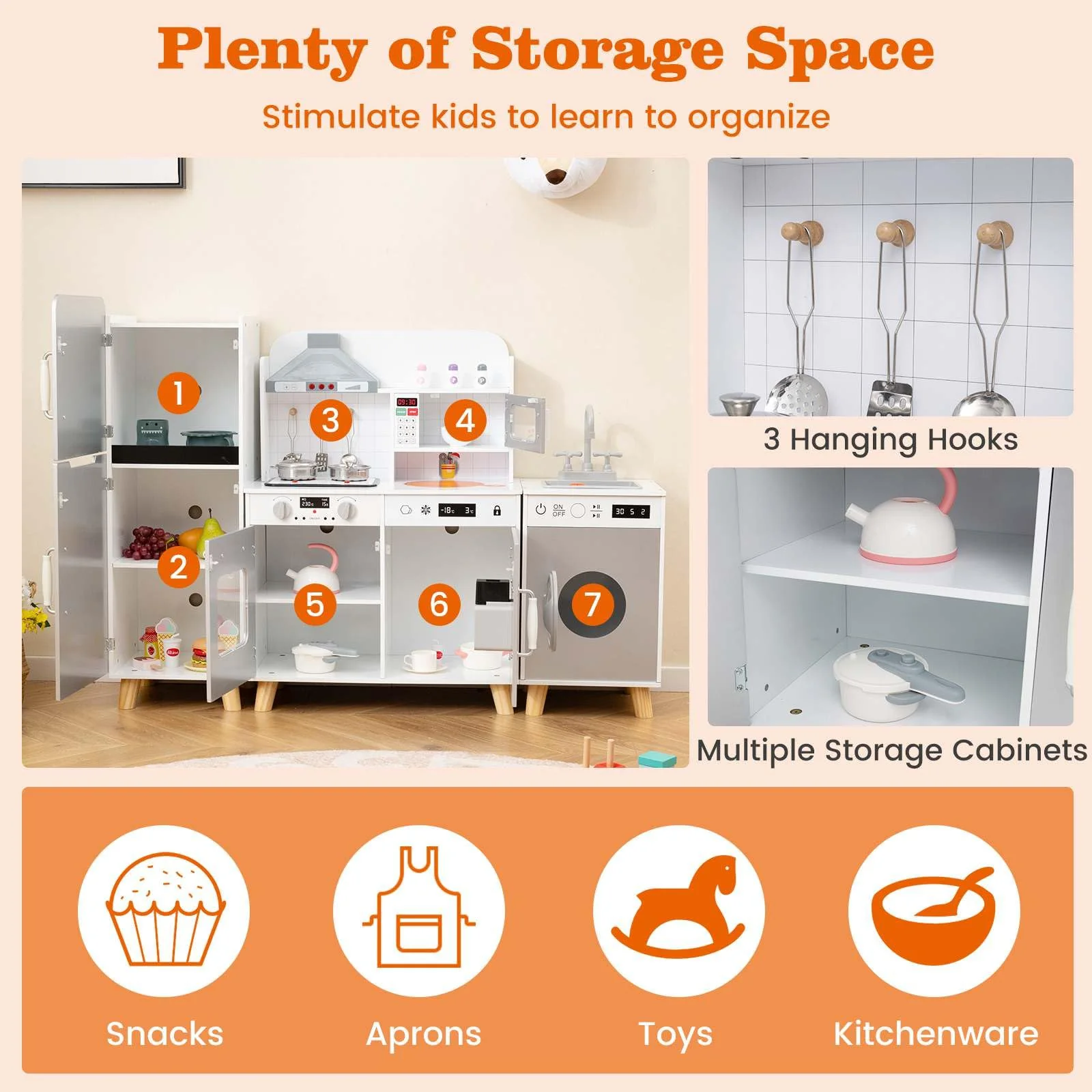 3-in-1 Kids Kitchen Playset Corner Pretend Play Kitchen w/Fridge Washing Machine - Image 9
