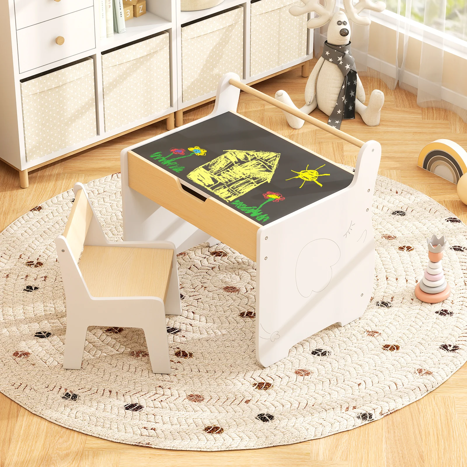 3 In 1 Kids Wood Table and Chair Set, Toddler Craft and Play Activity Desk w/ Detachable Tabletop - Image 2