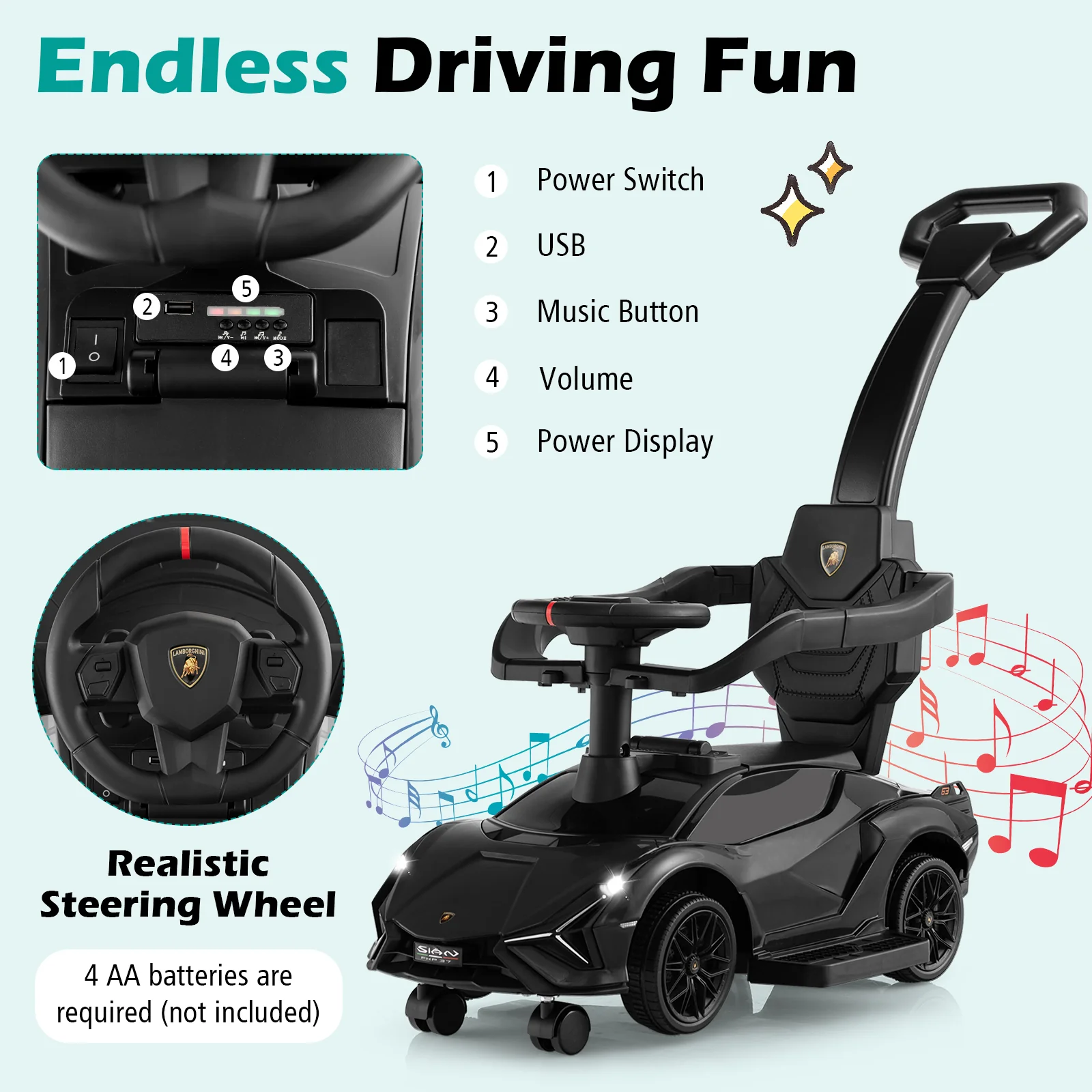 3-in-1 Ride On Push Car, Licensed Lamborghini Sliding Car - Image 5