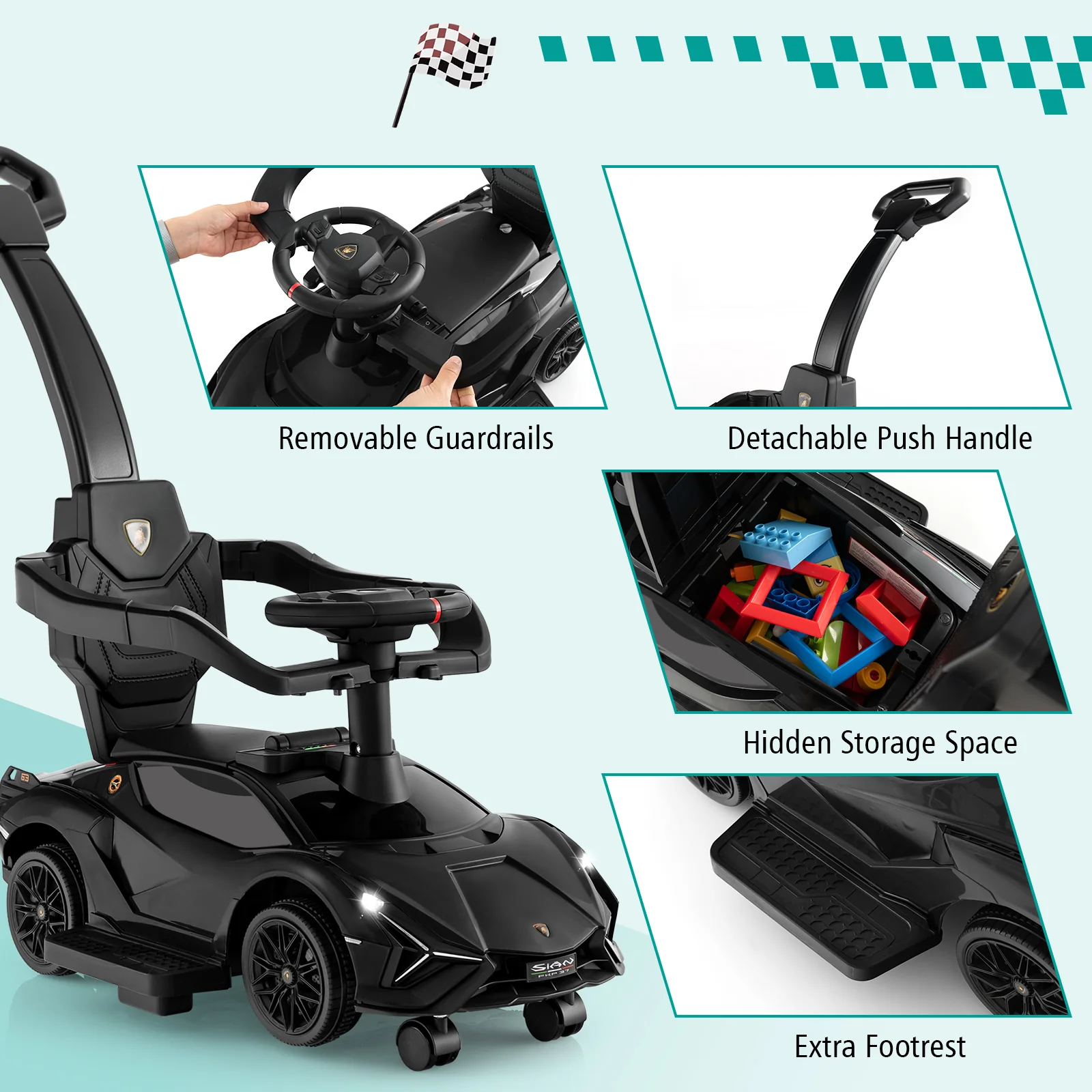 3-in-1 Ride On Push Car, Licensed Lamborghini Sliding Car - Image 7