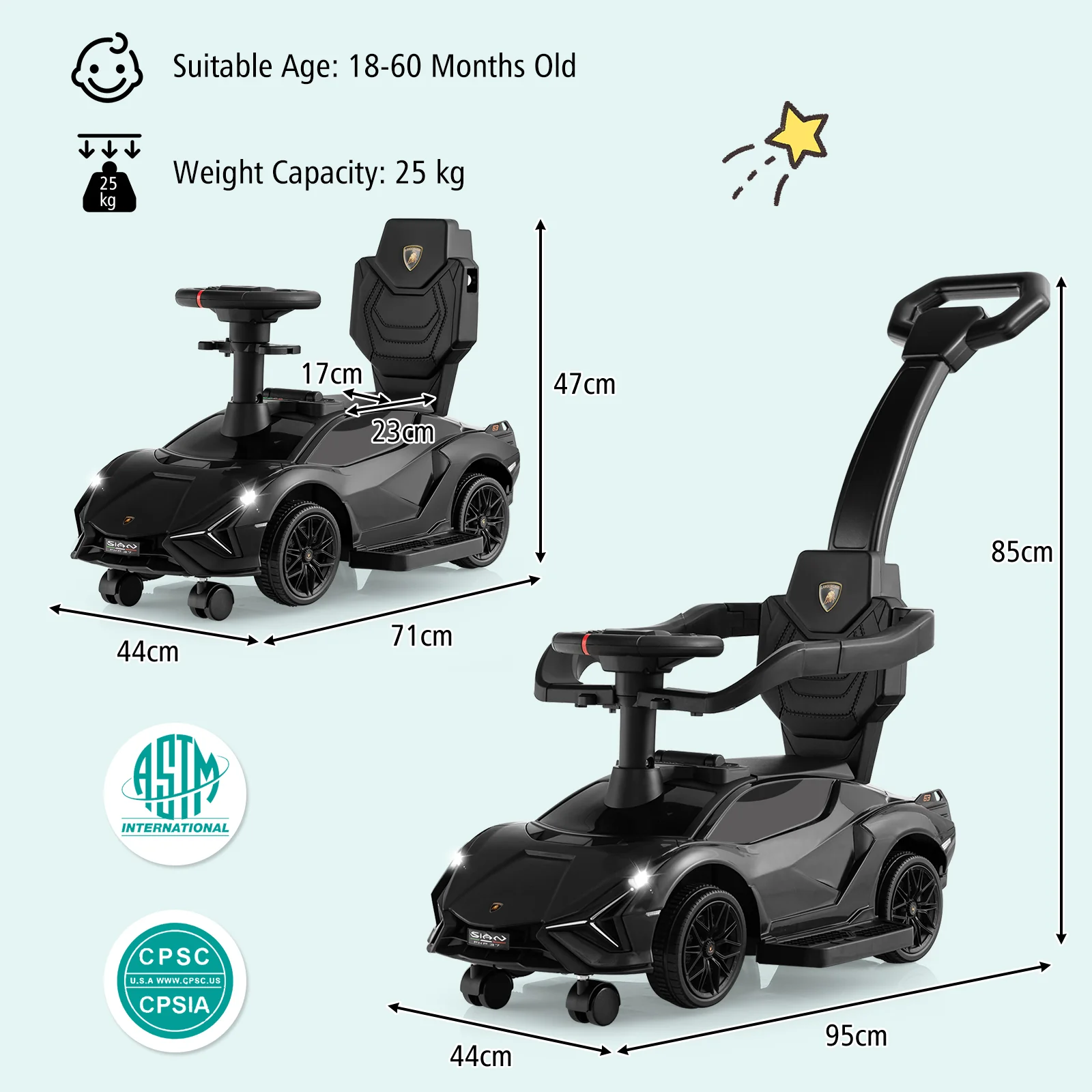 3-in-1 Ride On Push Car, Licensed Lamborghini Sliding Car - Image 8