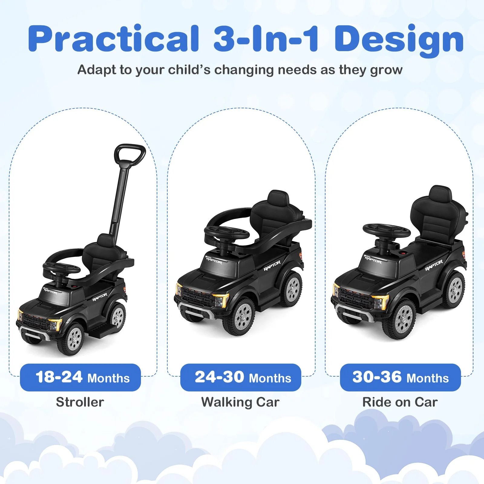 3-In-1 Toddler Push Car Licensed Ford With Ignition Sound and LED Lights - Image 6