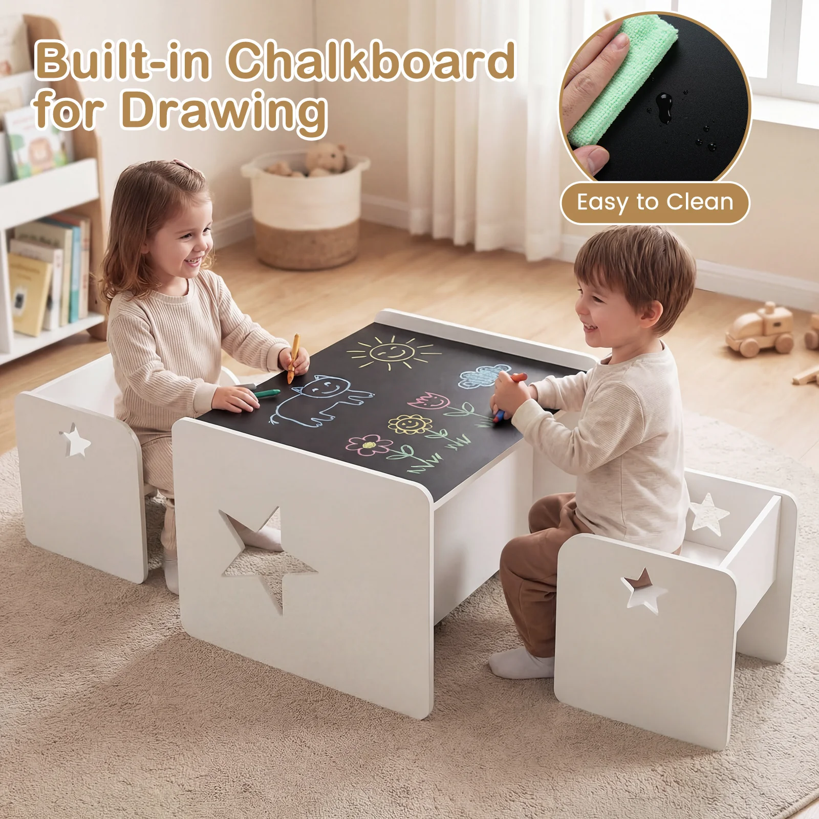 3 PCS Kids Table and Chair Set, Space-Saving Toddler Activity Desk and 2 Chairs - Image 5