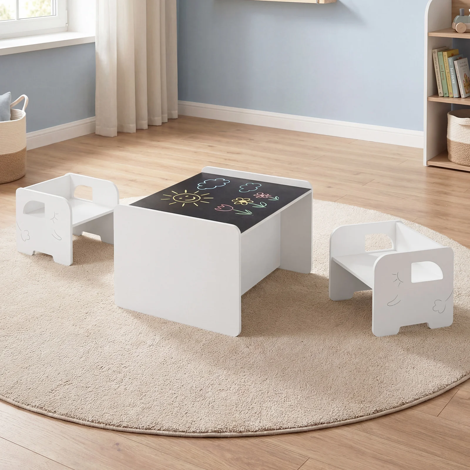 3 PCS Kids Table and Chair Set Space-saving Toddler Table and 2 Chairs with Chalkboard - Image 2
