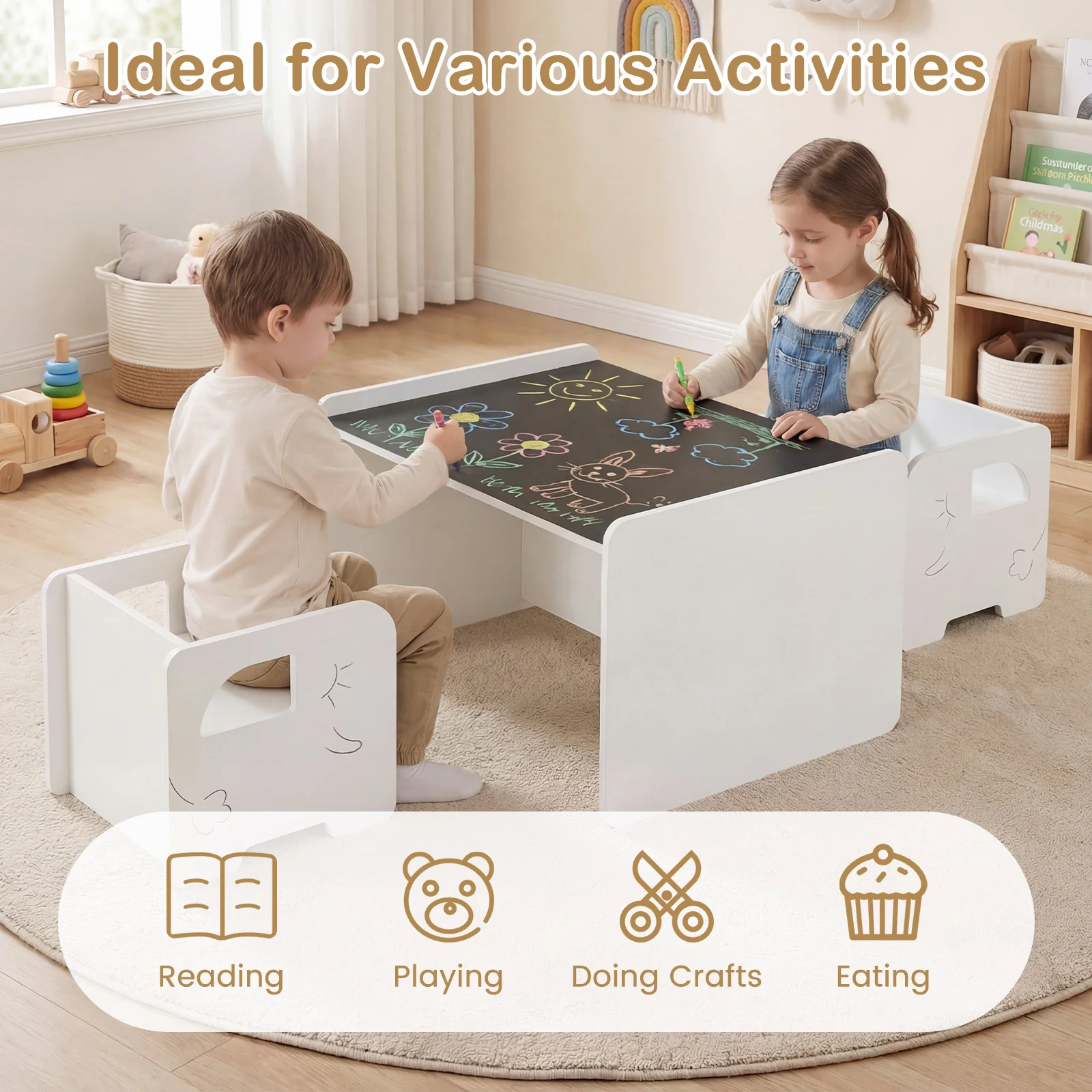 3 PCS Kids Table and Chair Set Space-saving Toddler Table and 2 Chairs with Chalkboard - Image 7