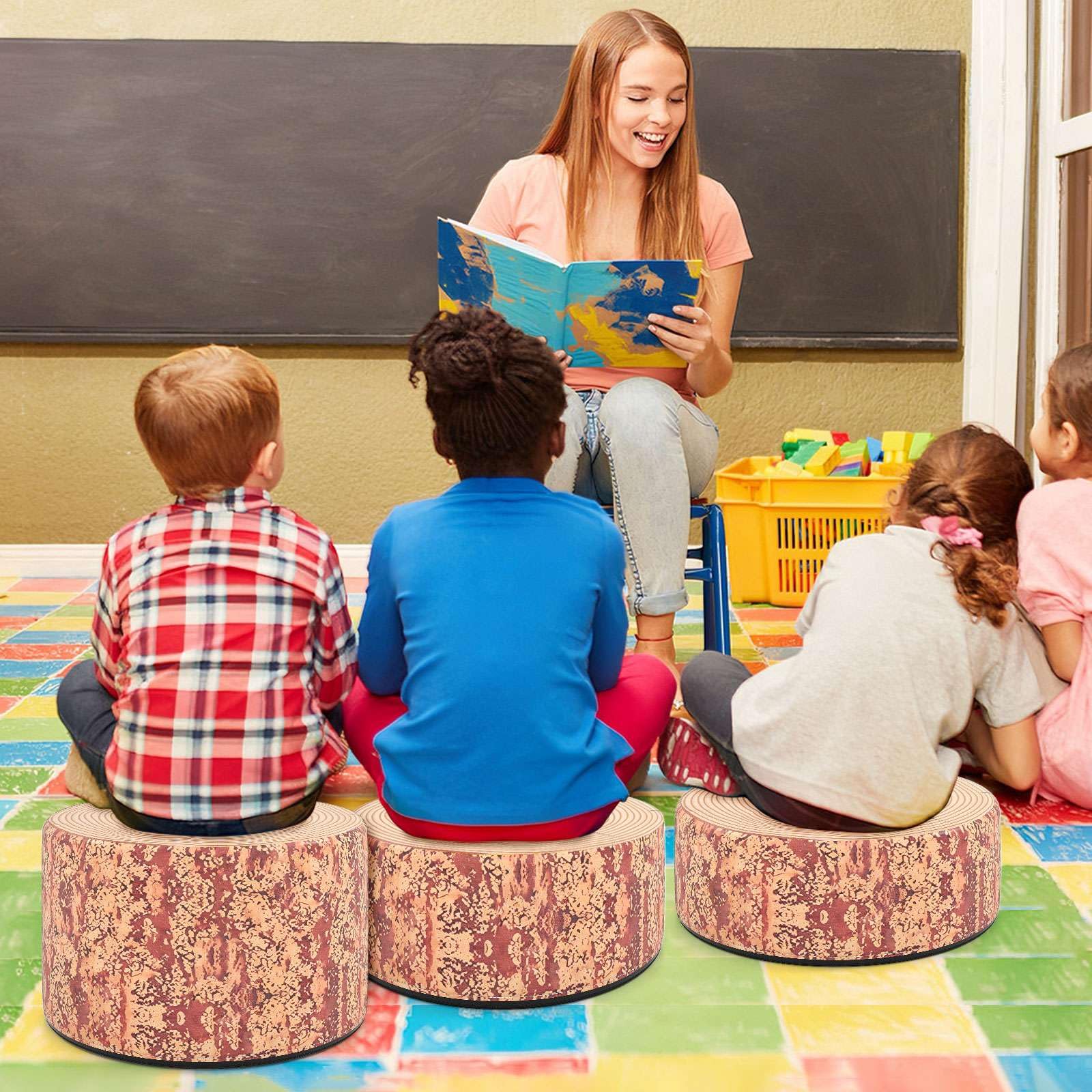 3-Piece Kids Floor Cushions with Wood Printing Nature Decoration - Image 2