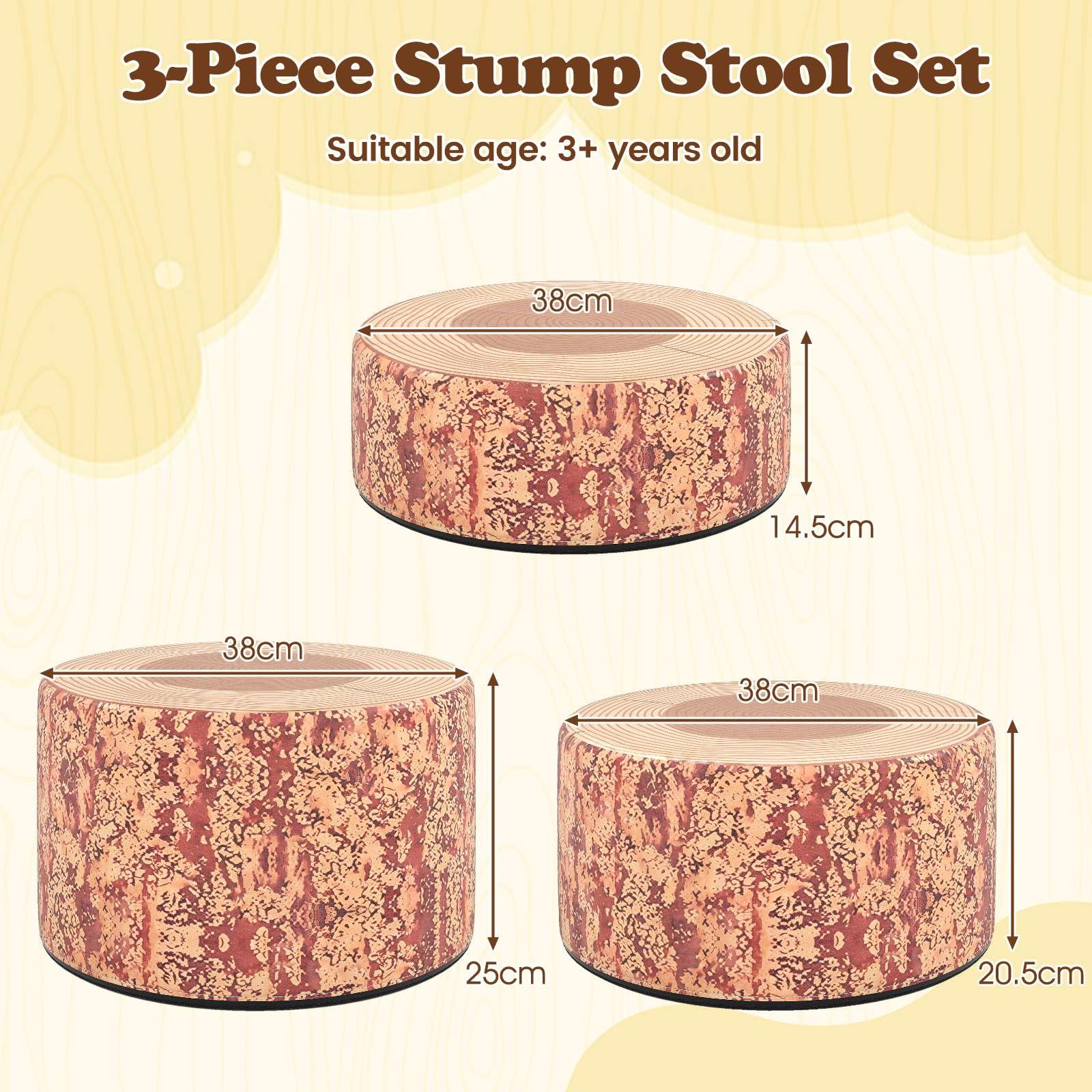 3-Piece Kids Floor Cushions with Wood Printing Nature Decoration - Image 3