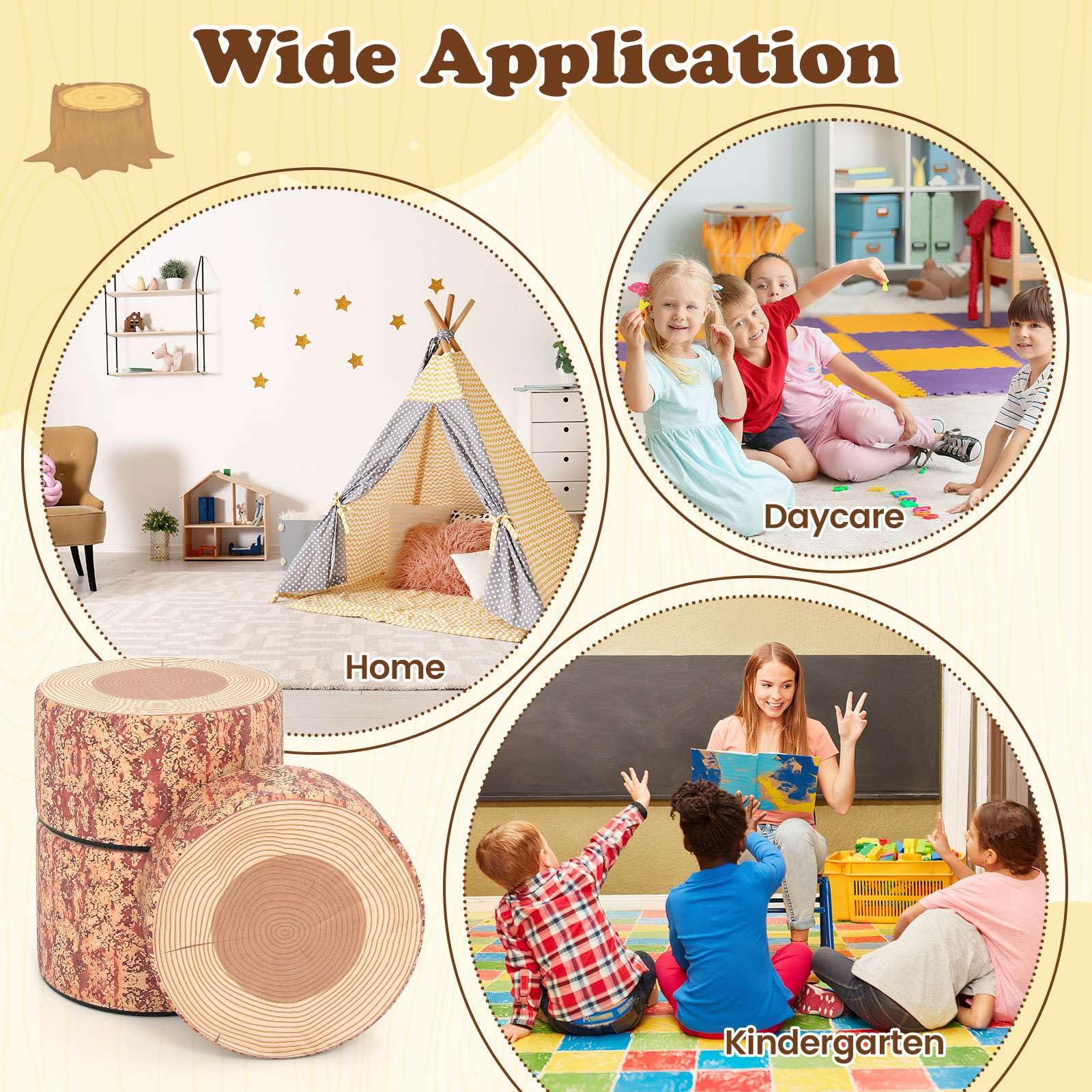 3-Piece Kids Floor Cushions with Wood Printing Nature Decoration - Image 6