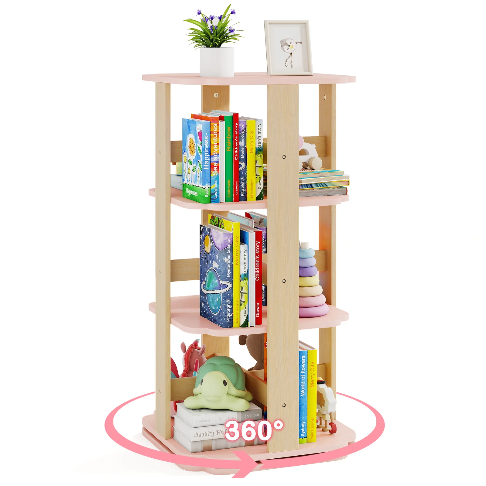 360° Spinning 3-Tier Kids Book Shelf Tower with 12 Sectors