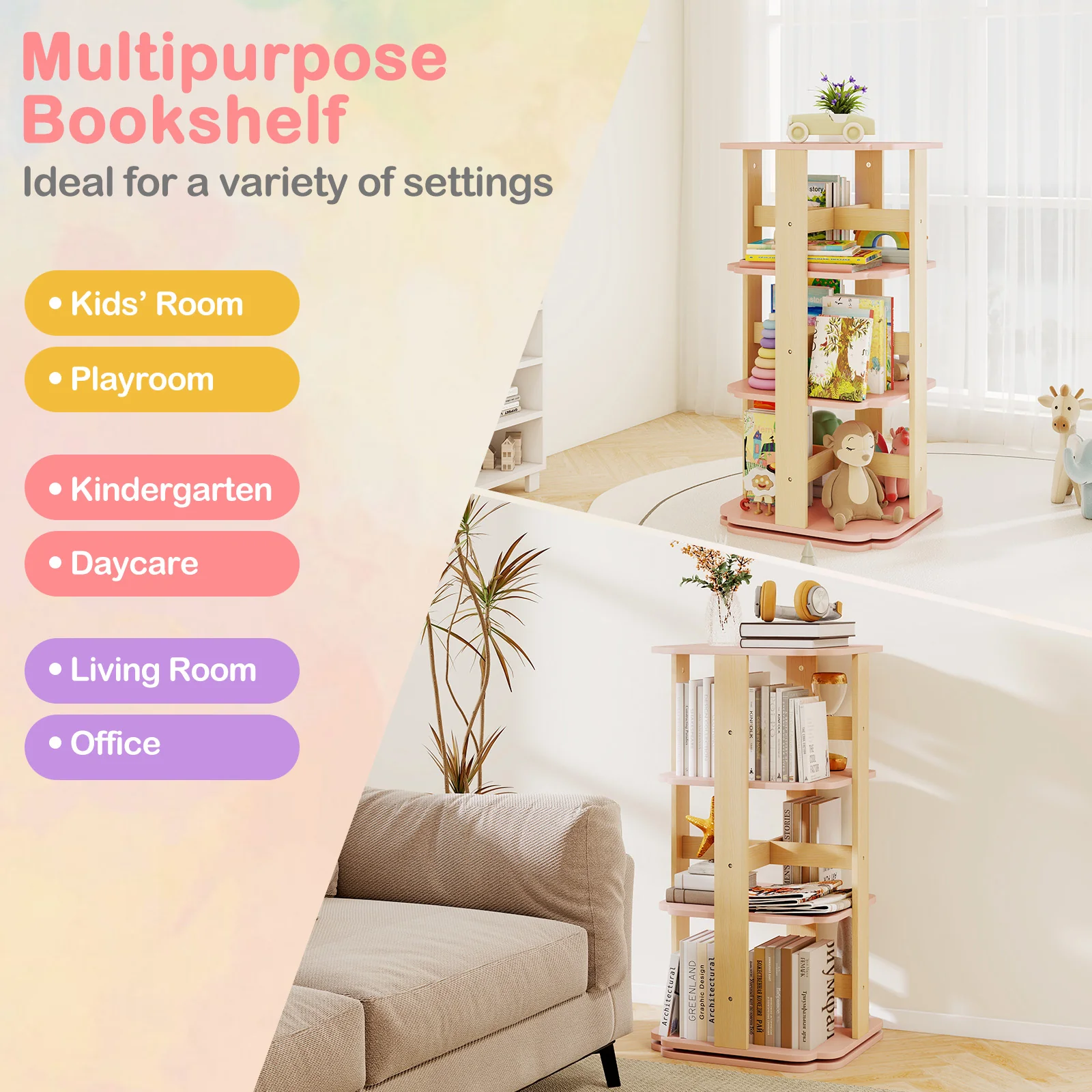 360° Spinning 3-Tier Kids Book Shelf Tower with 12 Sectors - Image 7