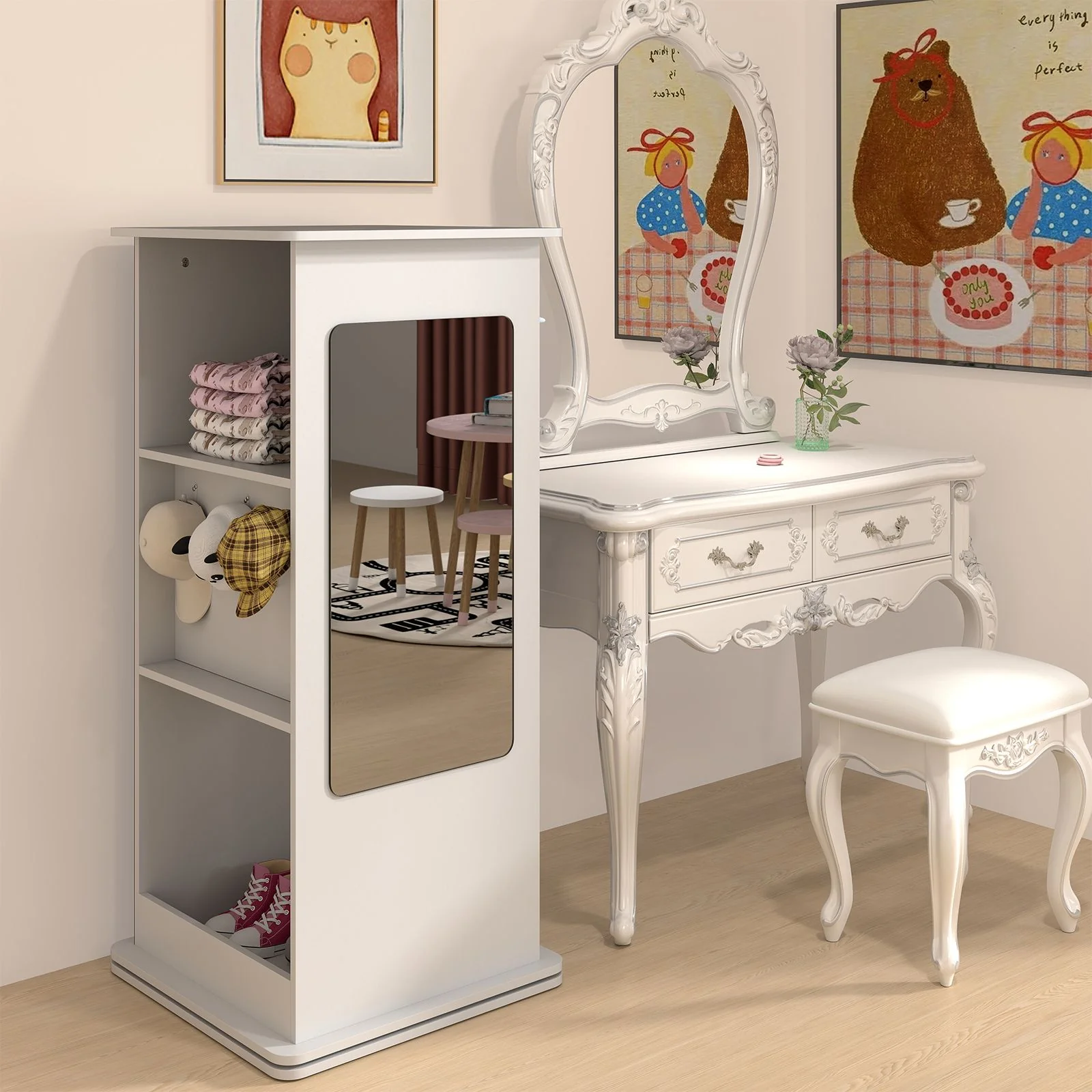 360° Spinning Corner Bookcase with Chalkboard and Mirror - Image 2