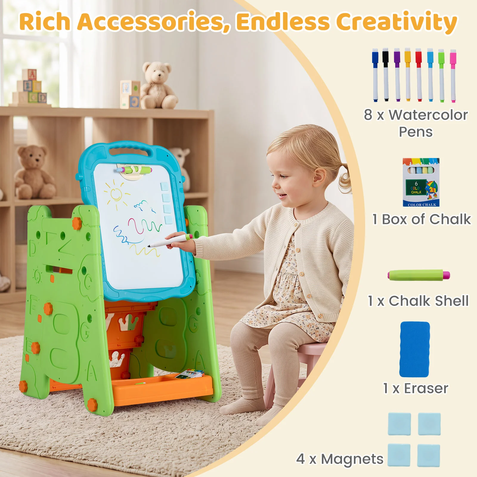 4 in 1 Art Easel for Kids, Double Sided Magnetic Board - Image 4