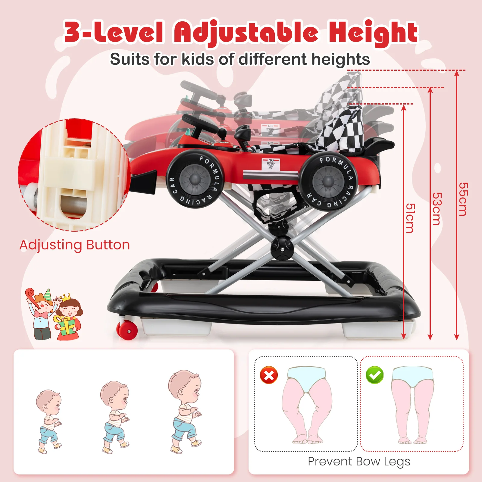 4-in-1 Baby Push Walker, Activity Center w/ 3-Level Adjustable Height, Padded Seat Steering Wheel & Music Box - Image 10