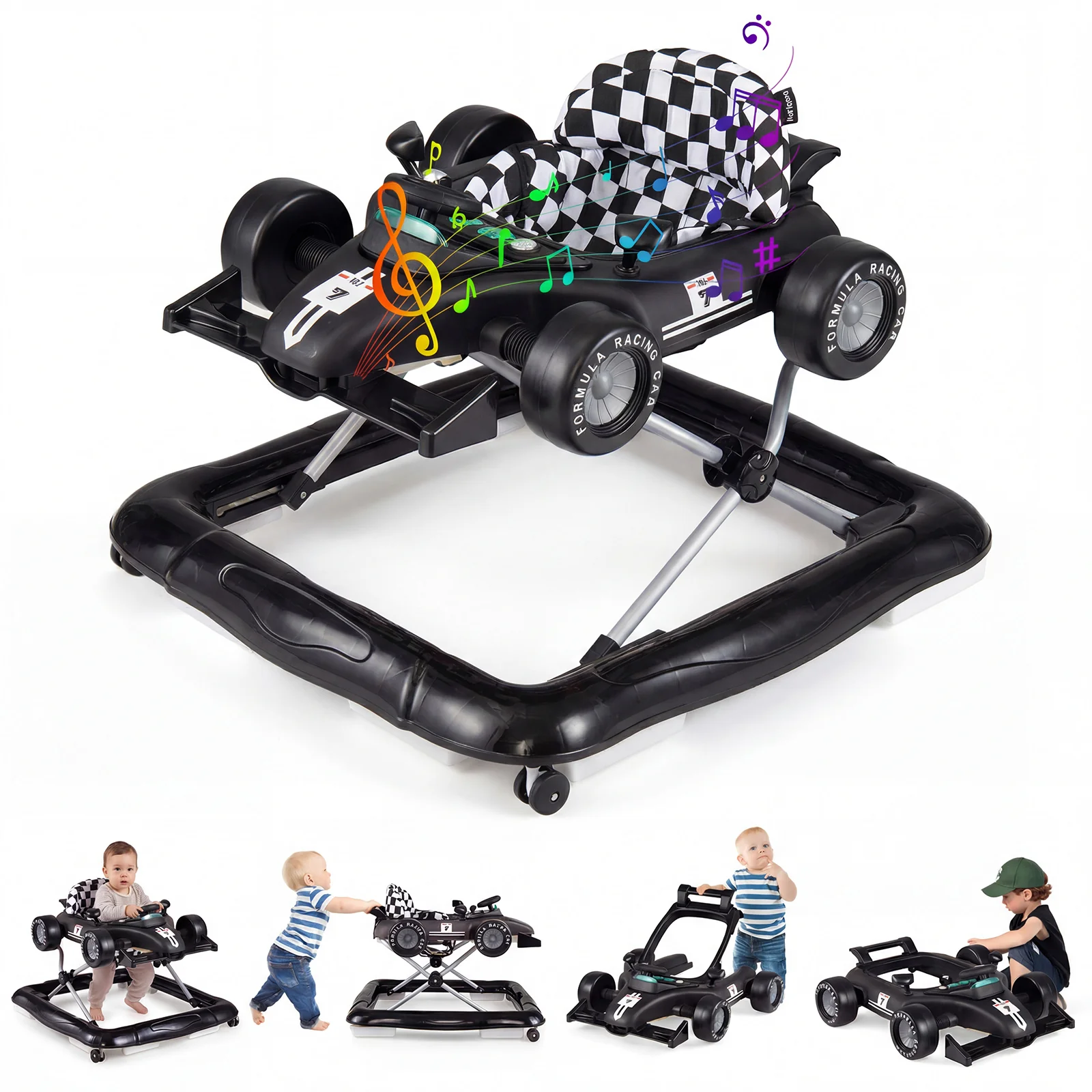 4-in-1 Baby Push Walker, Activity Center w/ 3-Level Adjustable Height, Padded Seat Steering Wheel & Music Box - Image 11