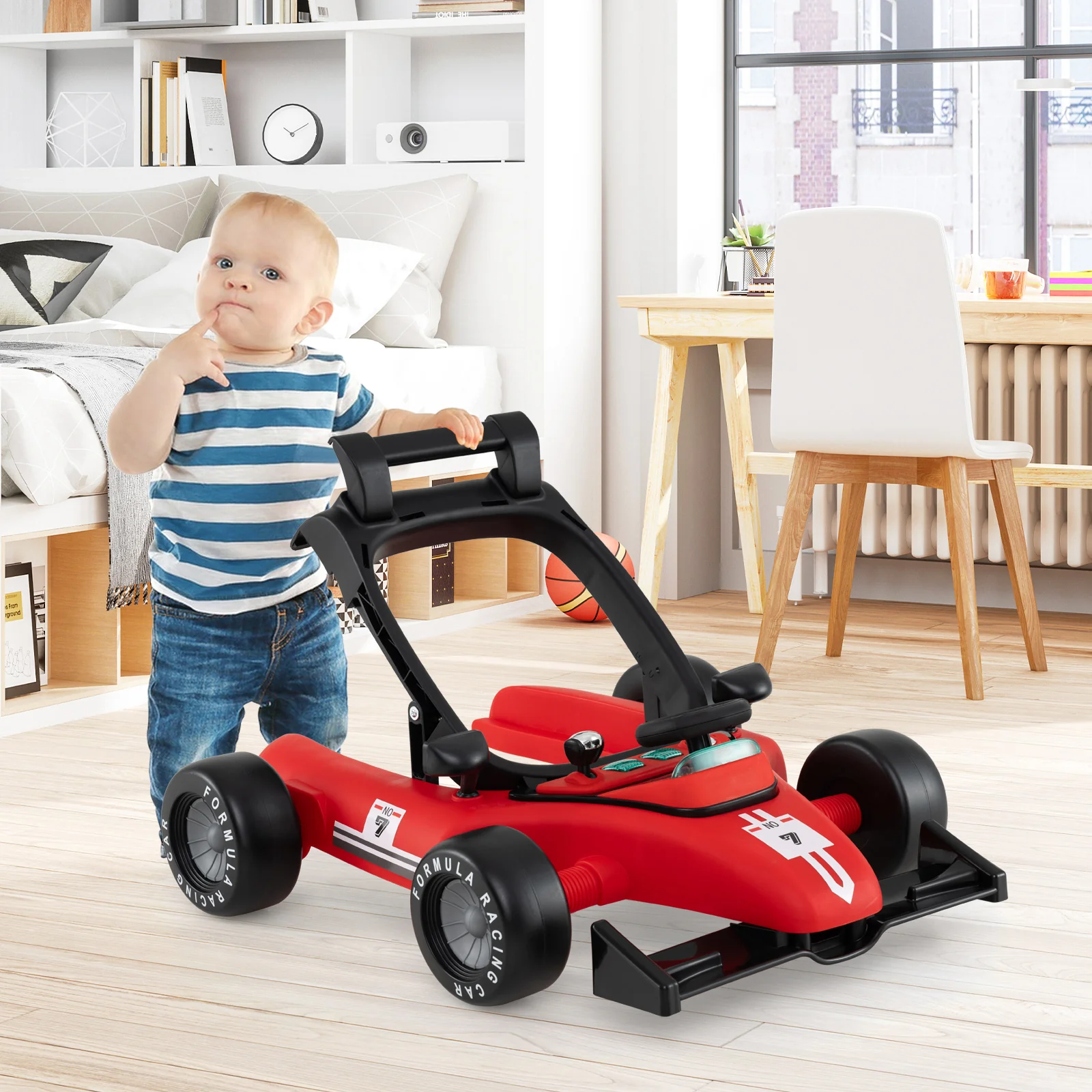 4-in-1 Baby Push Walker, Activity Center w/ 3-Level Adjustable Height, Padded Seat Steering Wheel & Music Box - Image 3