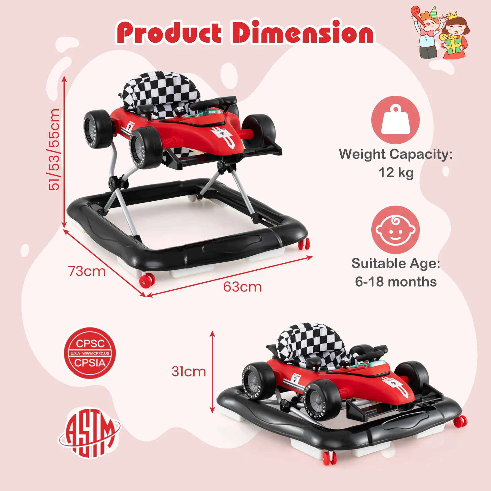 4-in-1 Baby Push Walker, Activity Center w/ 3-Level Adjustable Height, Padded Seat Steering Wheel & Music Box - Image 7