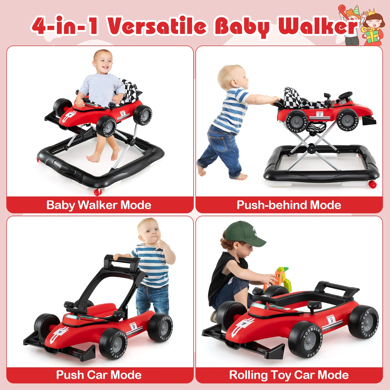 4-in-1 Baby Push Walker, Activity Center w/ 3-Level Adjustable Height, Padded Seat Steering Wheel & Music Box - Image 8