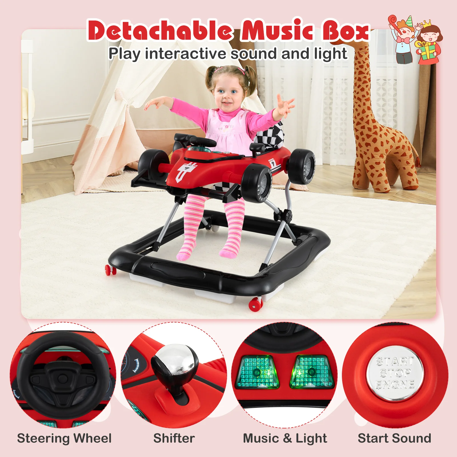 4-in-1 Baby Push Walker, Activity Center w/ 3-Level Adjustable Height, Padded Seat Steering Wheel & Music Box - Image 9
