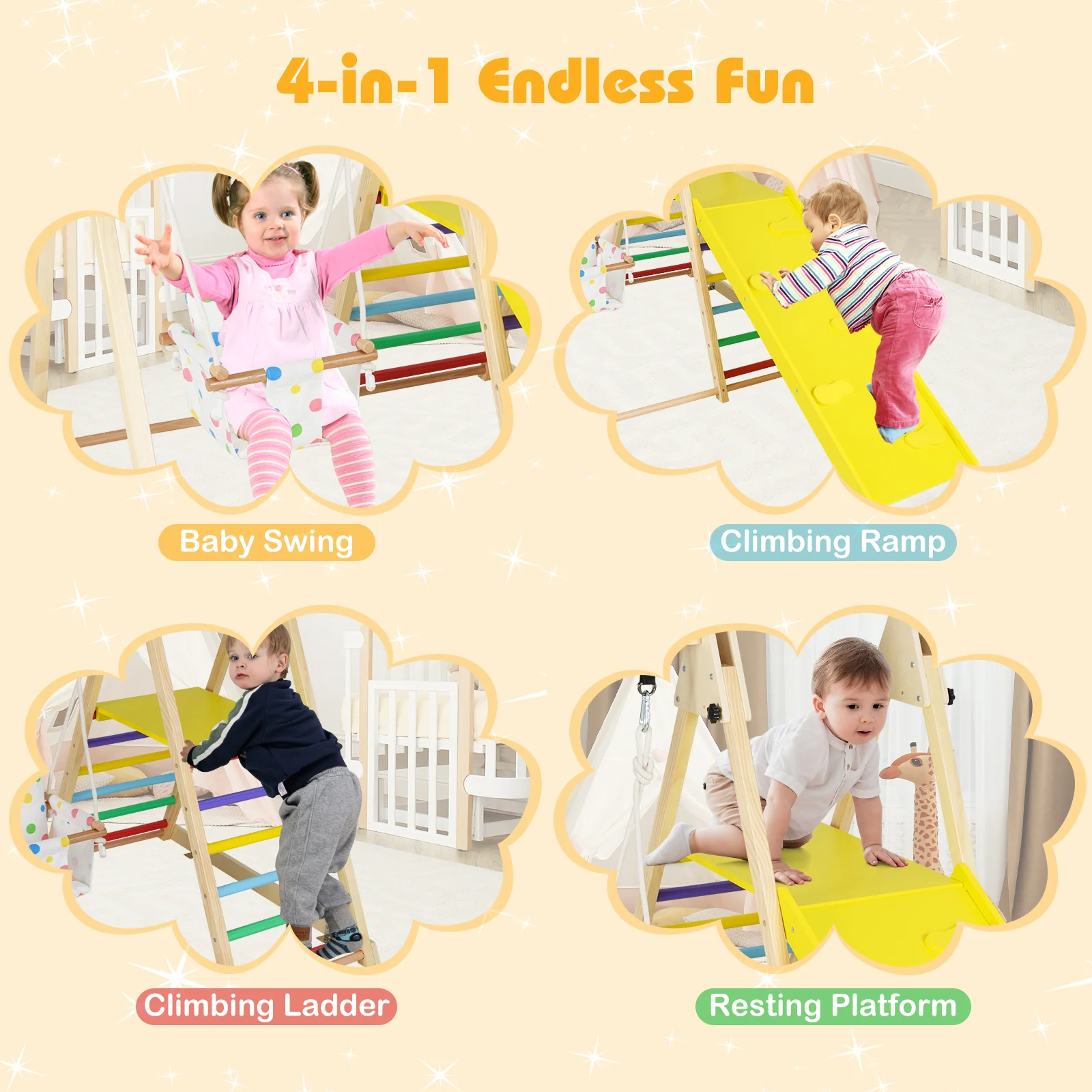 4-in-1 Indoor Jungle Gym, Montessori Wooden Climber Playset for Kids 1+ Years Old - Image 3