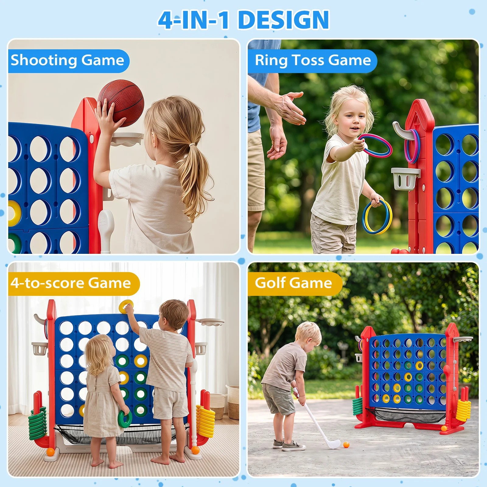 4-in-1 Jumbo Yard Game Set w/ Basketball Hoop, Ring Toss, Golf, Indoor Outdoor Family Party Games for Kids & Adults - Image 7