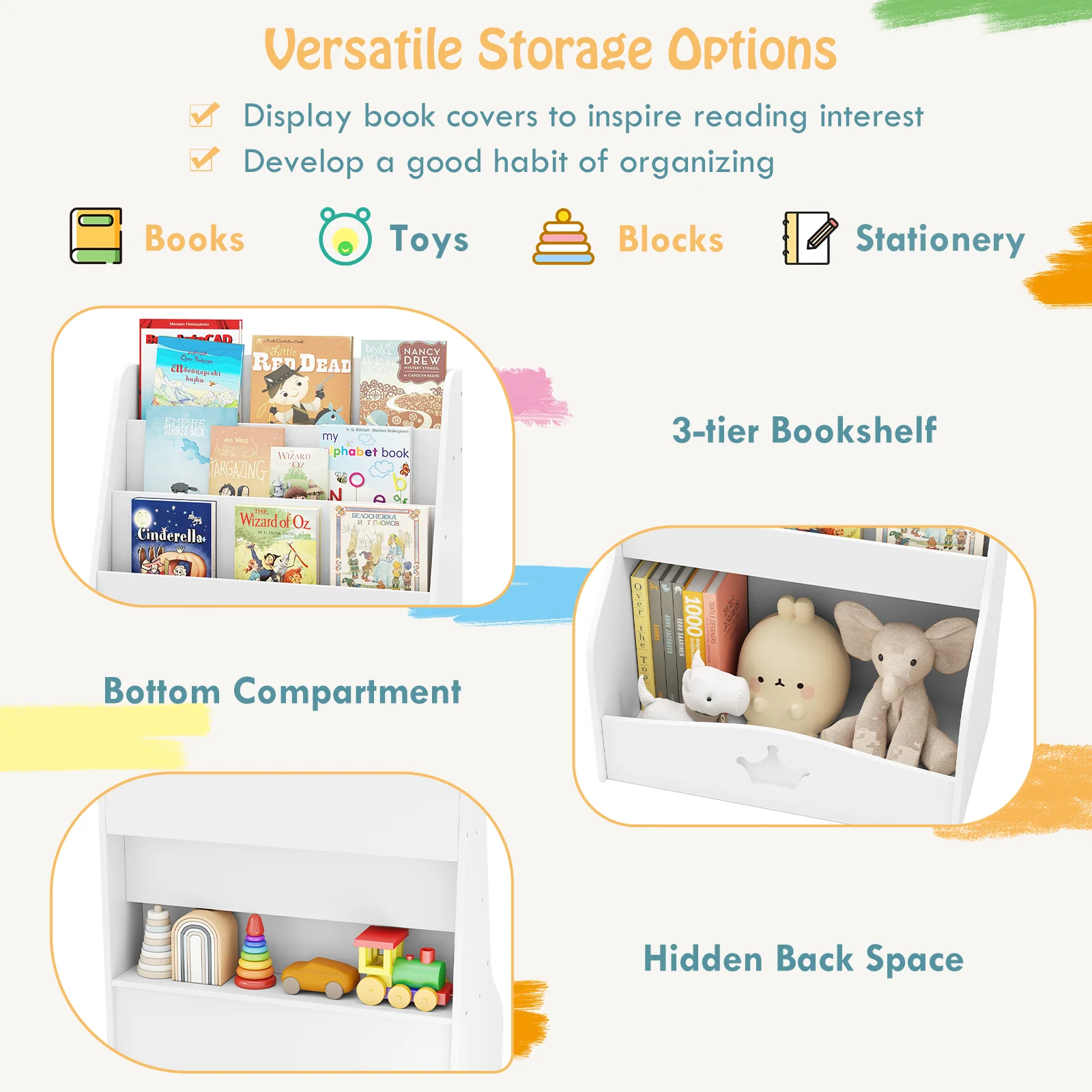 4-Tier Wooden Toy Storage Organizer, Children Bookcase Display Rack for Playroom, Kindergarten, Nursery, Classroom - Image 5