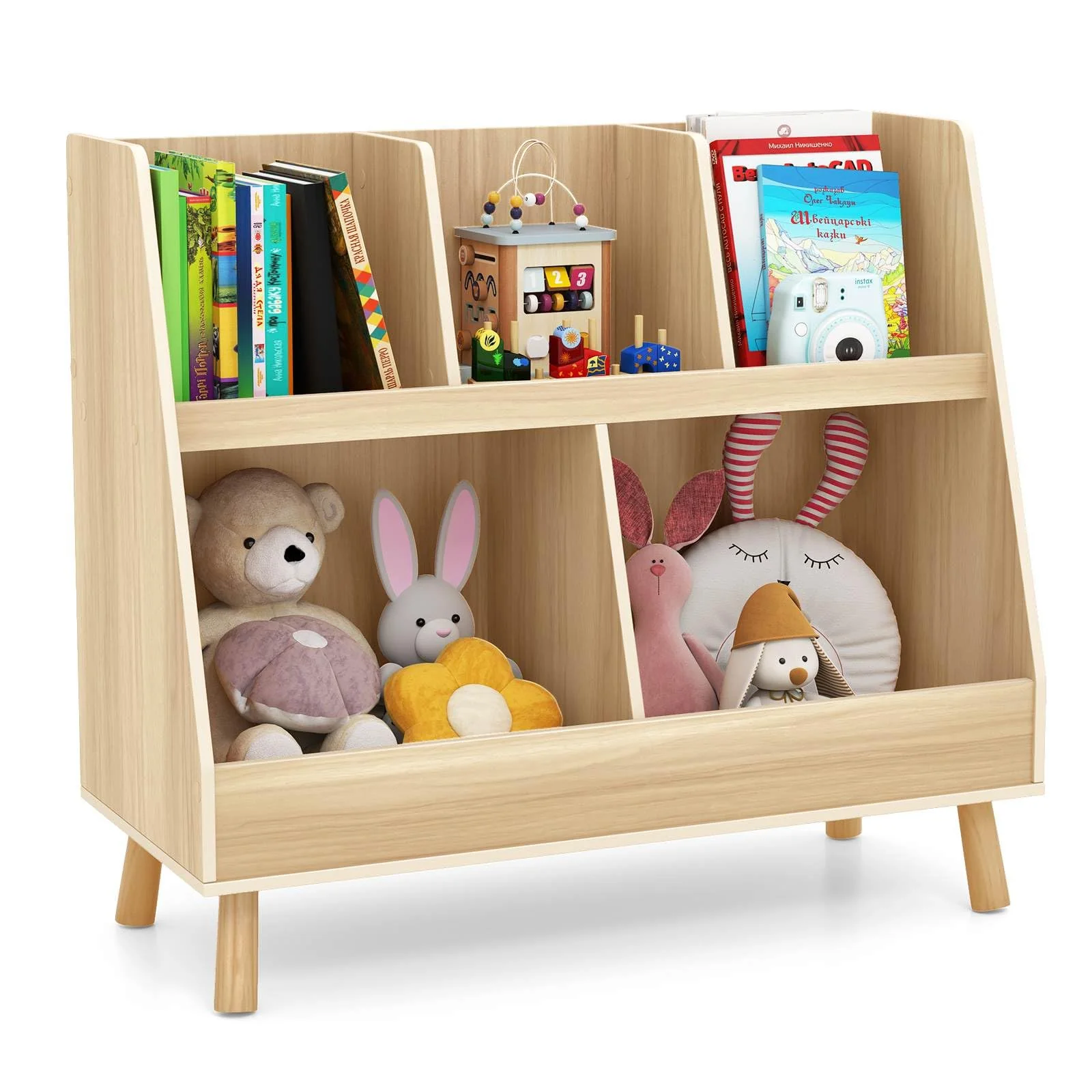 5-Cube Kids Bookshelf and Toy Organiser Wooden Storage Bookcase w/ Wood Legs - Image 11