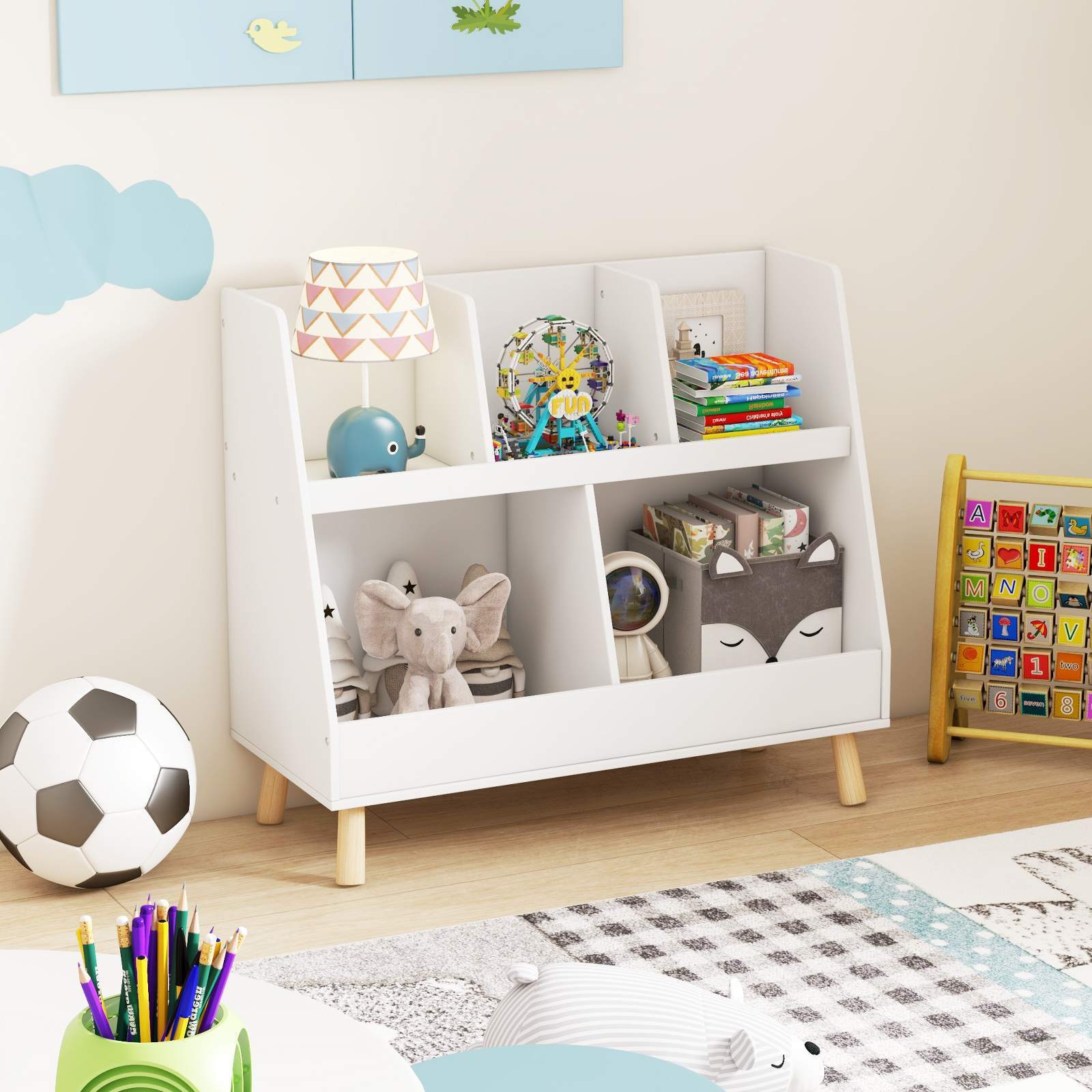 5-Cube Kids Bookshelf and Toy Organiser Wooden Storage Bookcase w/ Wood Legs - Image 3