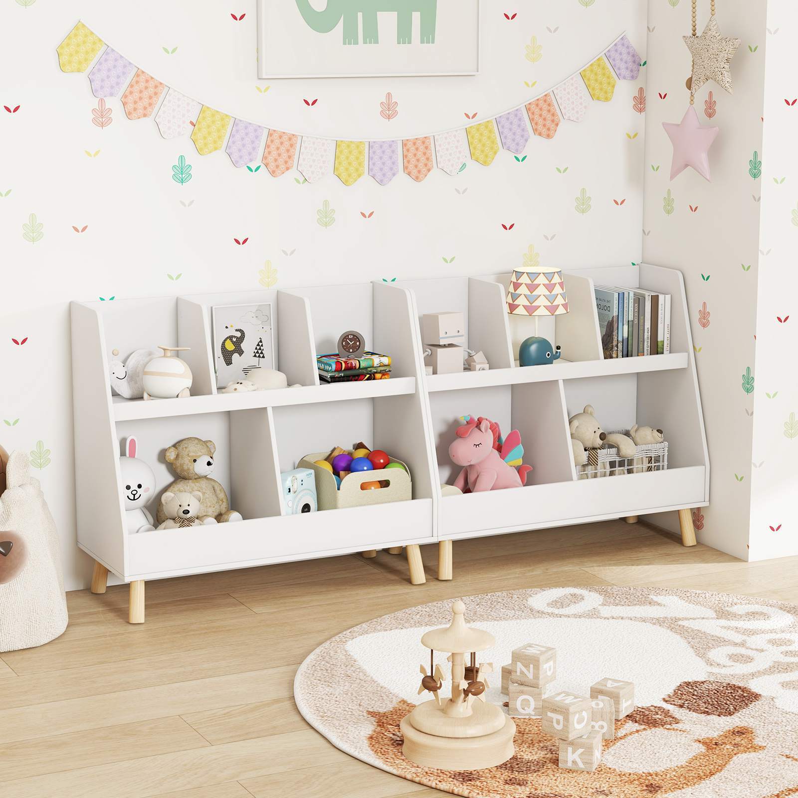 5-Cube Kids Bookshelf and Toy Organiser Wooden Storage Bookcase w/ Wood Legs - Image 4