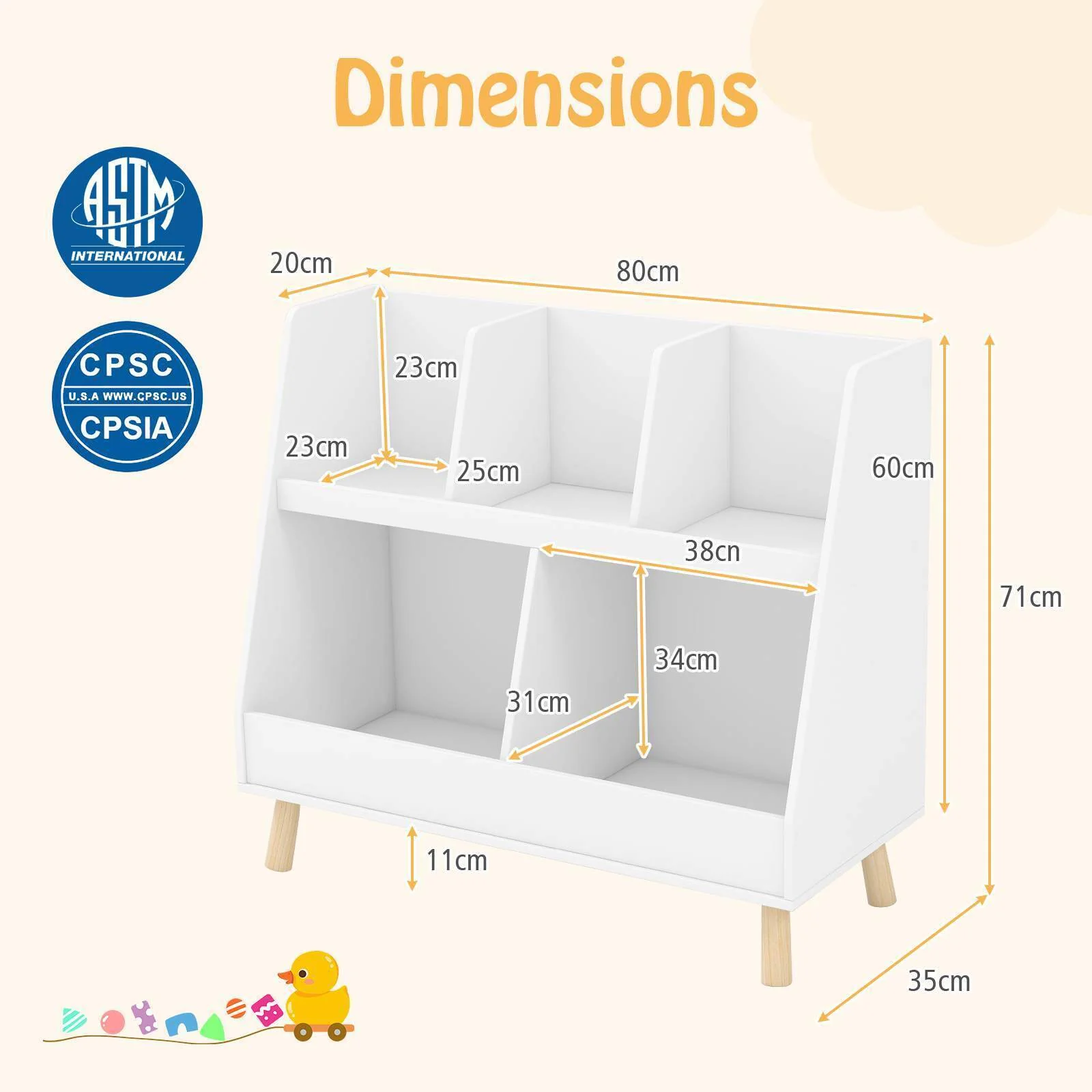 5-Cube Kids Bookshelf and Toy Organiser Wooden Storage Bookcase w/ Wood Legs - Image 5