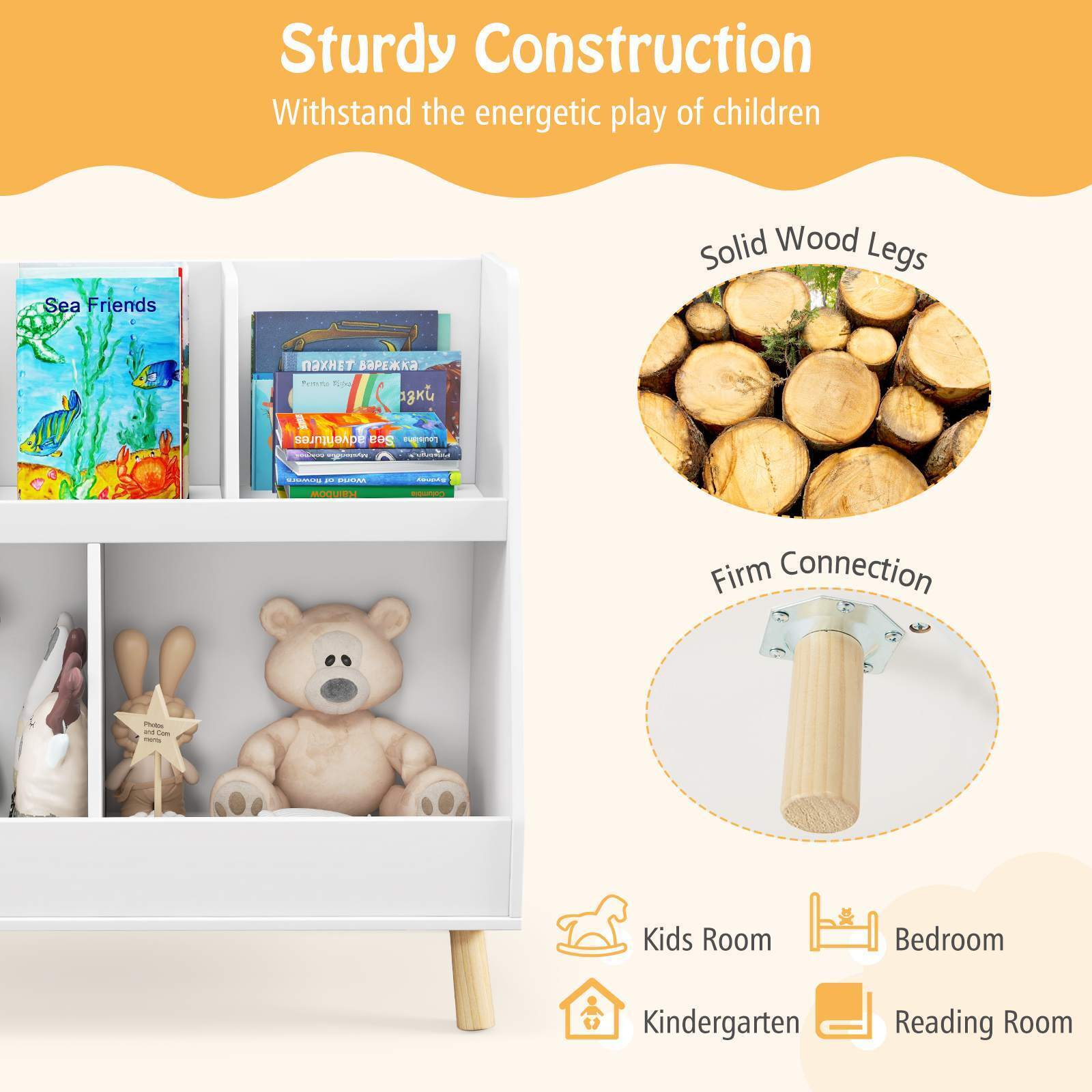 5-Cube Kids Bookshelf and Toy Organiser Wooden Storage Bookcase w/ Wood Legs - Image 7