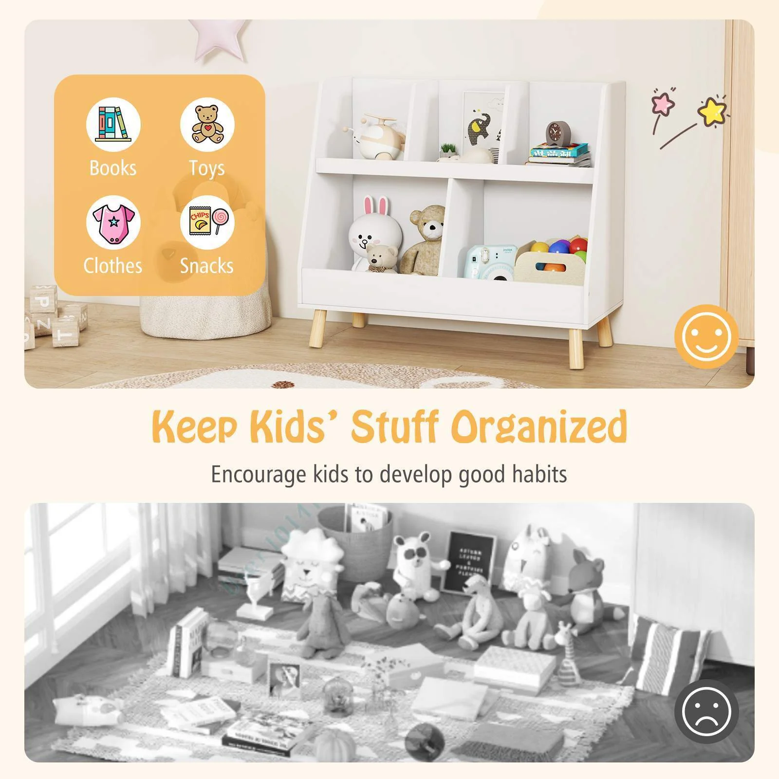 5-Cube Kids Bookshelf and Toy Organiser Wooden Storage Bookcase w/ Wood Legs - Image 9