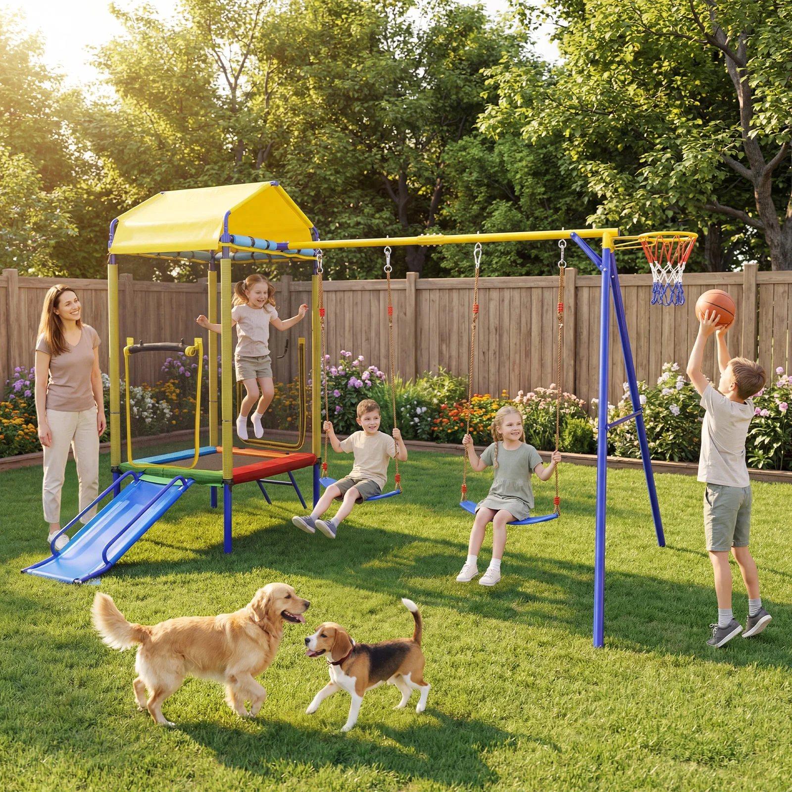 5-in-1 Kids Swing Set with Trampoline Roof Heavy-Duty Metal Outdoor Playset - Image 2
