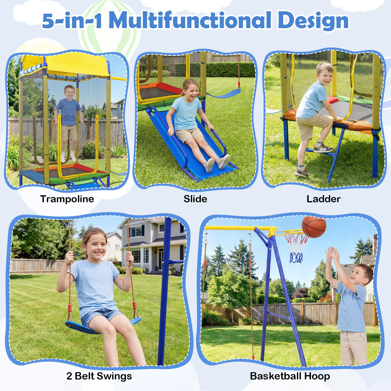 5-in-1 Kids Swing Set with Trampoline Roof Heavy-Duty Metal Outdoor Playset - Image 4