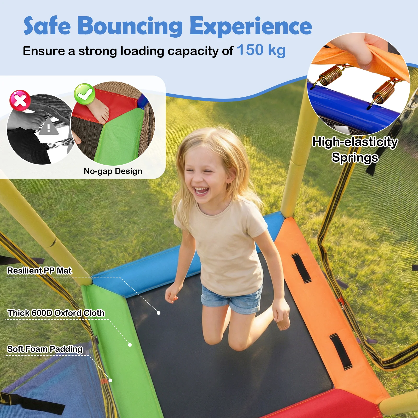 5-in-1 Kids Swing Set with Trampoline Roof Heavy-Duty Metal Outdoor Playset - Image 5