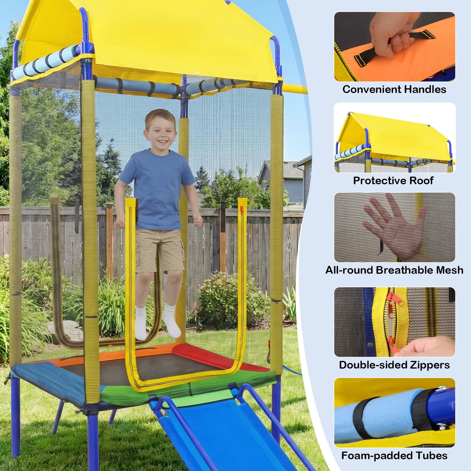 5-in-1 Kids Swing Set with Trampoline Roof Heavy-Duty Metal Outdoor Playset - Image 6